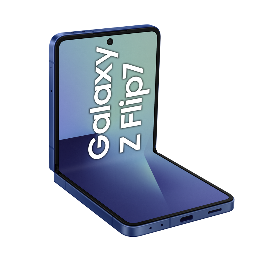 Niebieski telefon Samsung Galaxy Z Flip7 jest częściowo otwarty, wyświetlając ekran z gradientem. Nazwa telefonu jest napisana pionowo.