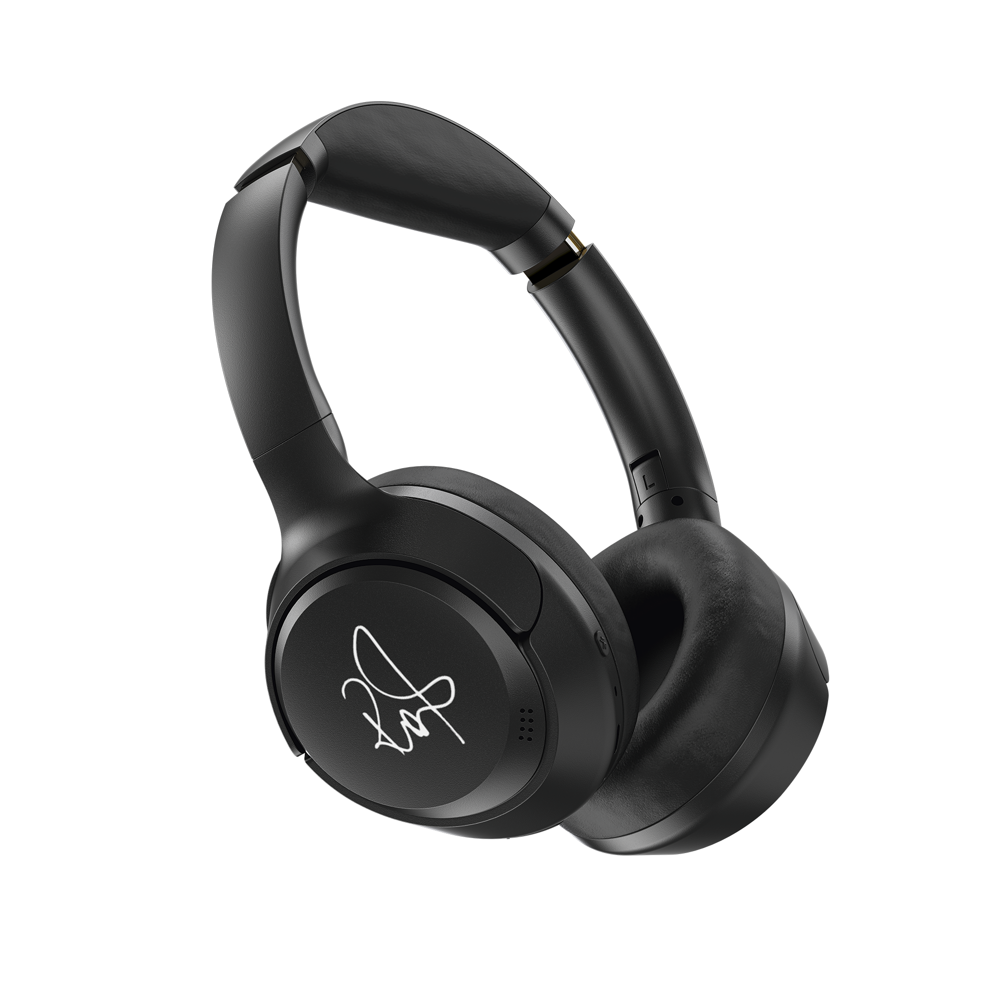 Czarne słuchawki z białym logo. Słuchawki są na białym tle.