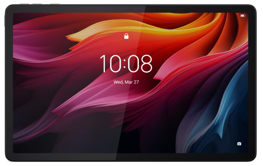 Tablet mit der Uhrzeit 10:08, 27. März. Der Bildschirm zeigt ein farbenfrohes abstraktes Design. Schwarzer Rahmen umgibt den Bildschirm.