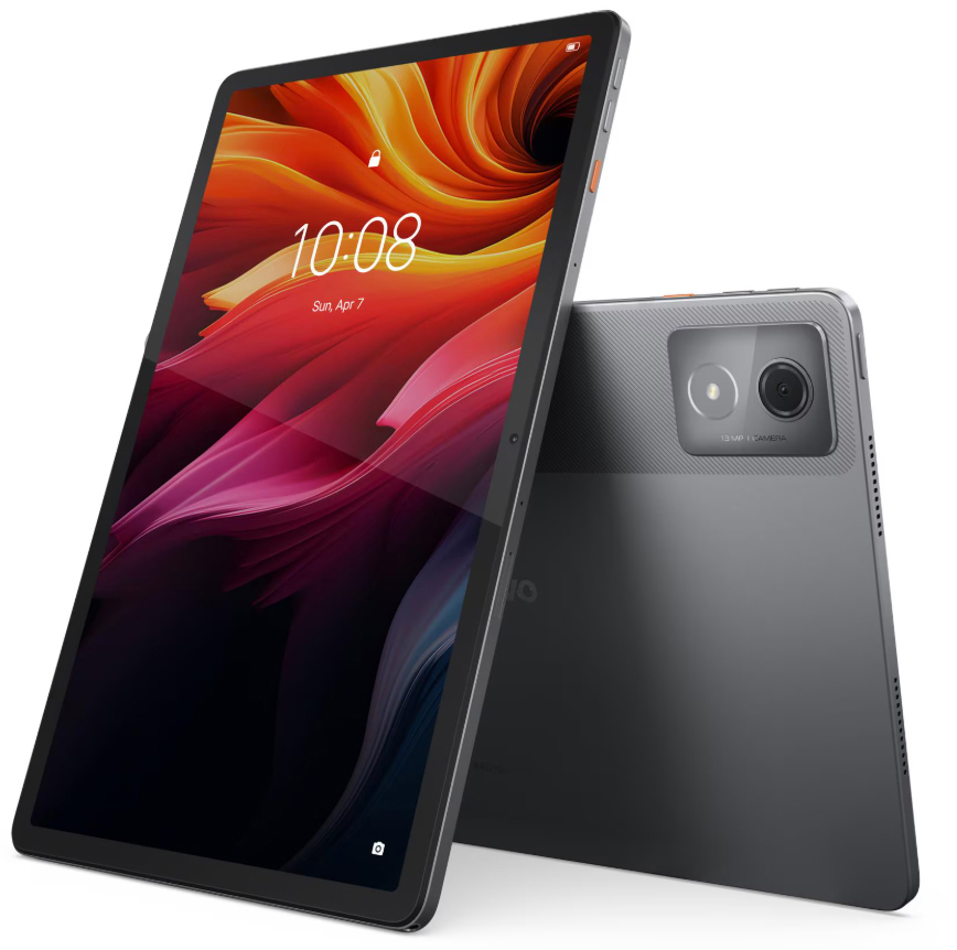 Ein Lenovo-Tablet mit lebendigem Display, das ein farbenfrohes abstraktes Bild zeigt. Die Rückseite des Tablets ist grau, mit zwei Kameras.