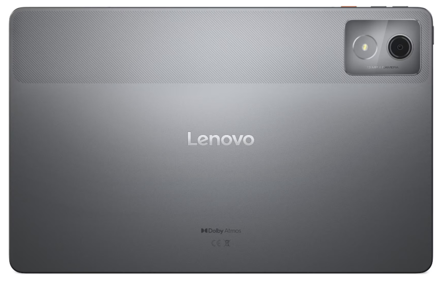 Rückseite eines grauen Lenovo-Tablets. Oben befinden sich Kamera und Blitz. Lenovo-Logo in der Mitte. Dolby Atmos und CE-Kennzeichnungen unten.