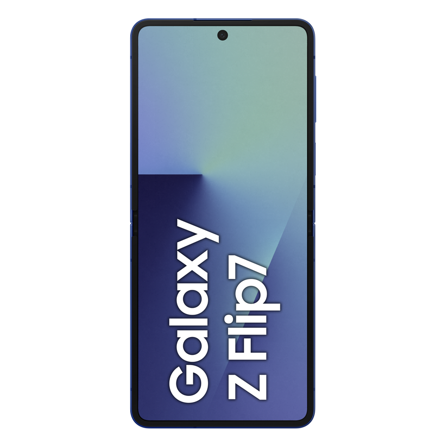 Wyświetlany jest niebieski telefon Samsung Galaxy Z Flip7. Ekran pokazuje gradienty kolorów. Nazwa telefonu jest wydrukowana na nim na biało.