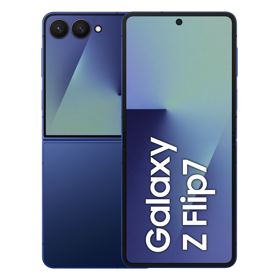Niebieski telefon Samsung Galaxy Z Flip7 otwarty. Dwa aparaty i mały ekran na zewnątrz. Wewnętrzny ekran ma nazwę telefonu.
