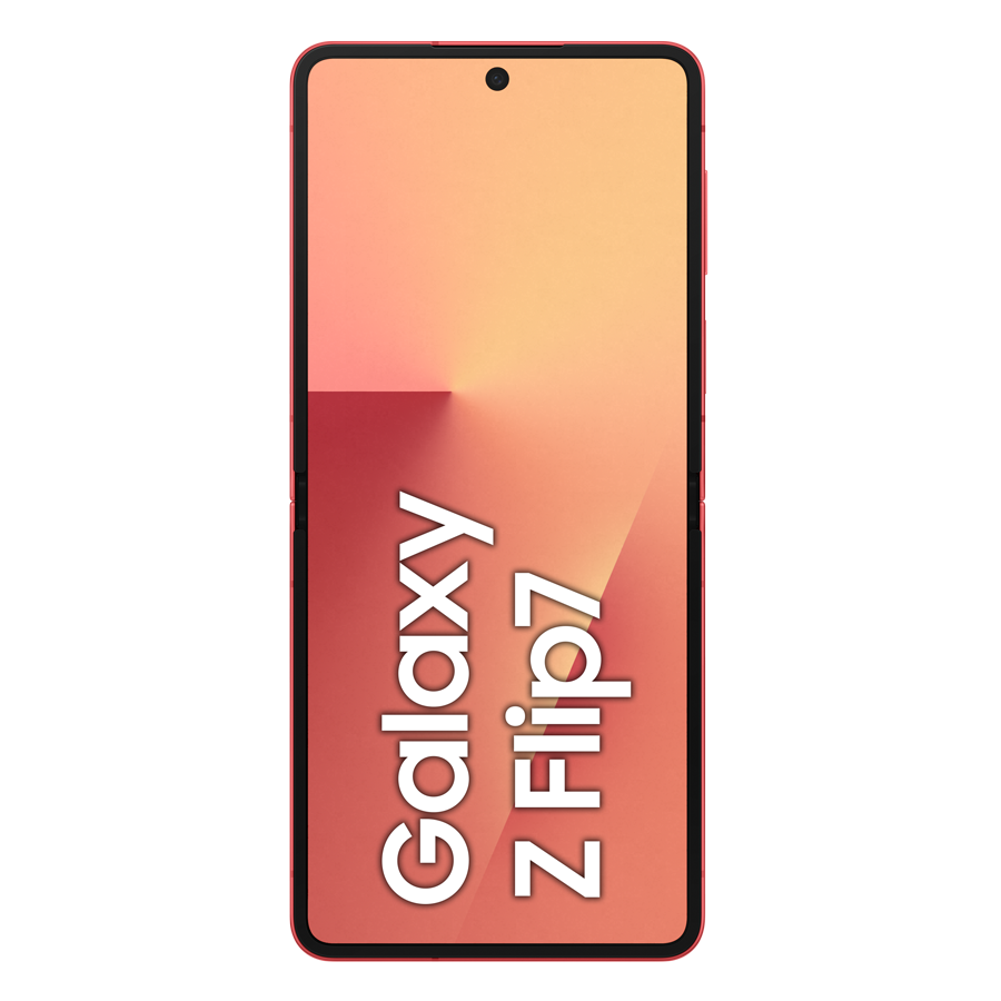 Wyświetlany jest czerwony telefon Samsung Galaxy Z Flip7. Ekran pokazuje gradient pomarańczowych i brzoskwiniowych kolorów. Tekst 'Galaxy Z Flip7' jest pionowy.