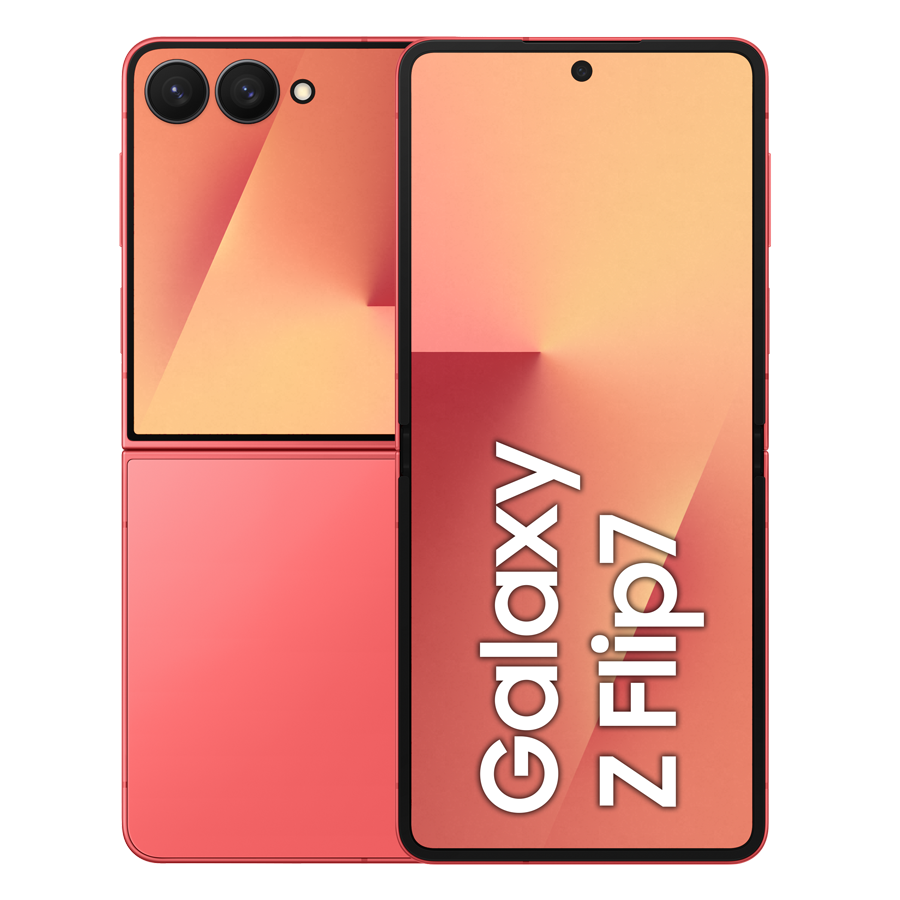 Wyświetlany jest czerwony telefon Samsung Galaxy Z Flip7. Telefon jest częściowo rozłożony, pokazując ekran i aparat.