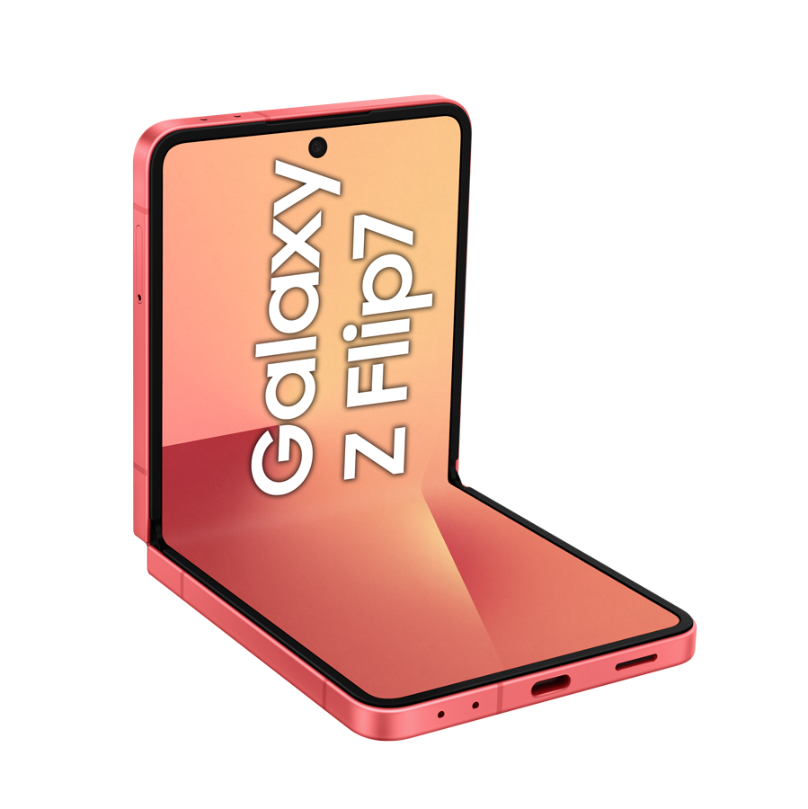 Różowy telefon Galaxy Z Flip7 jest częściowo otwarty. Ekran wyświetla nazwę telefonu. Tło jest różowe.