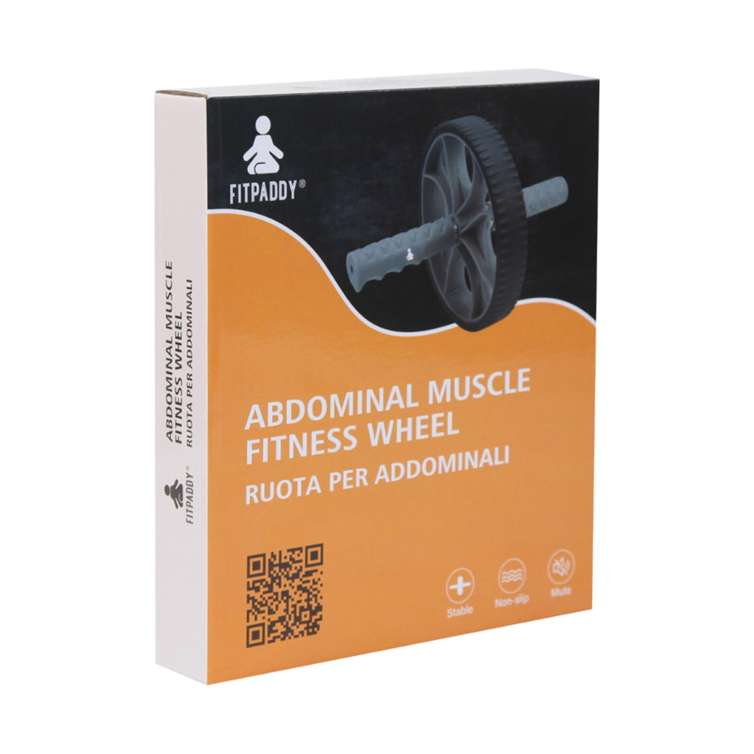 Una scatola per ruota fitness con testo 'ABDOMINAL MUSCLE FITNESS WHEEL'. La ruota è grigia, la scatola è bianca e arancione. Il marchio è FitPaddy.