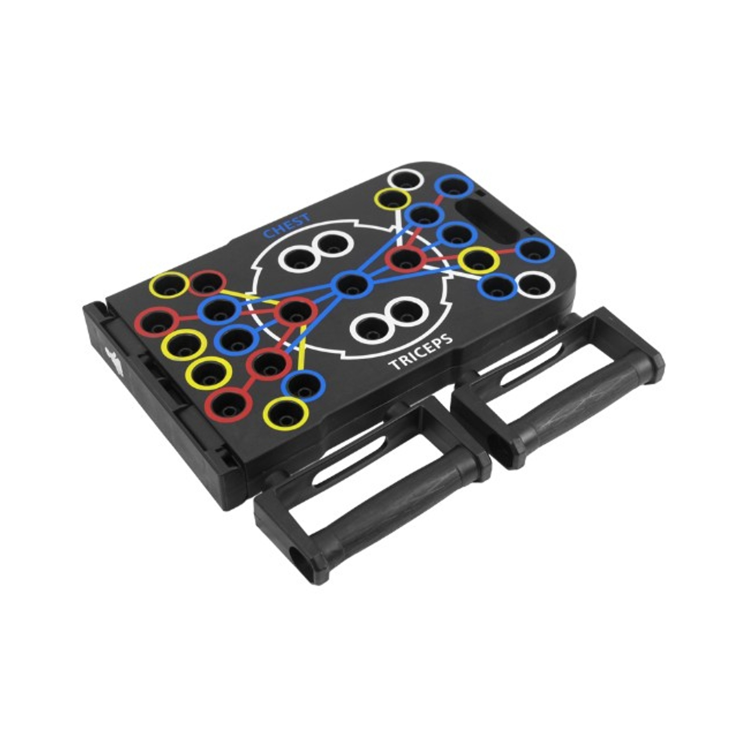 Tavola per flessioni nera con fori e maniglie colorate. Etichette: petto, tricipiti. Due maniglie nere vicine.