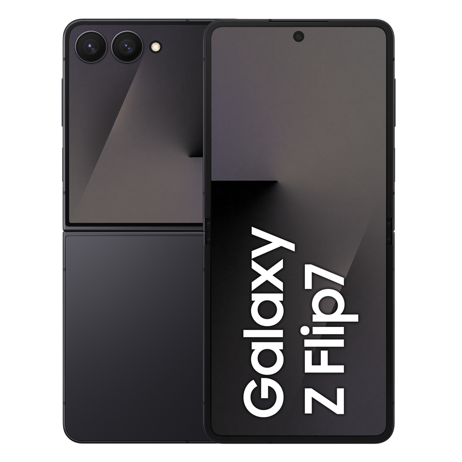 Wyświetlany jest czarny telefon Samsung Galaxy Z Flip7, częściowo otwarty. Ekran wyświetla nazwę telefonu białymi literami.