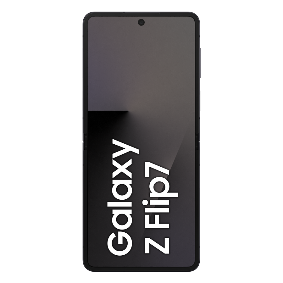 Wyświetlany jest czarny telefon Samsung Galaxy Z Flip7. Ekran jest ciemny, a nazwa telefonu jest napisana pionowo na biało.