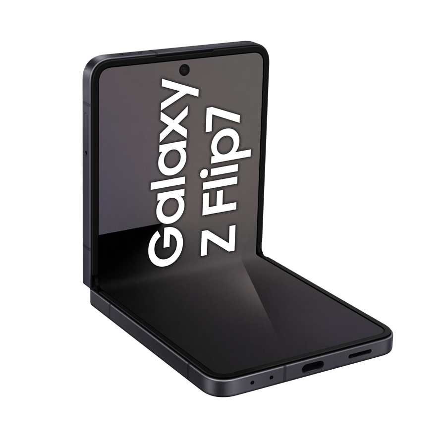 Czarny telefon Samsung Galaxy Z Flip7, częściowo otwarty, z nazwą telefonu w kolorze białym na ekranie.