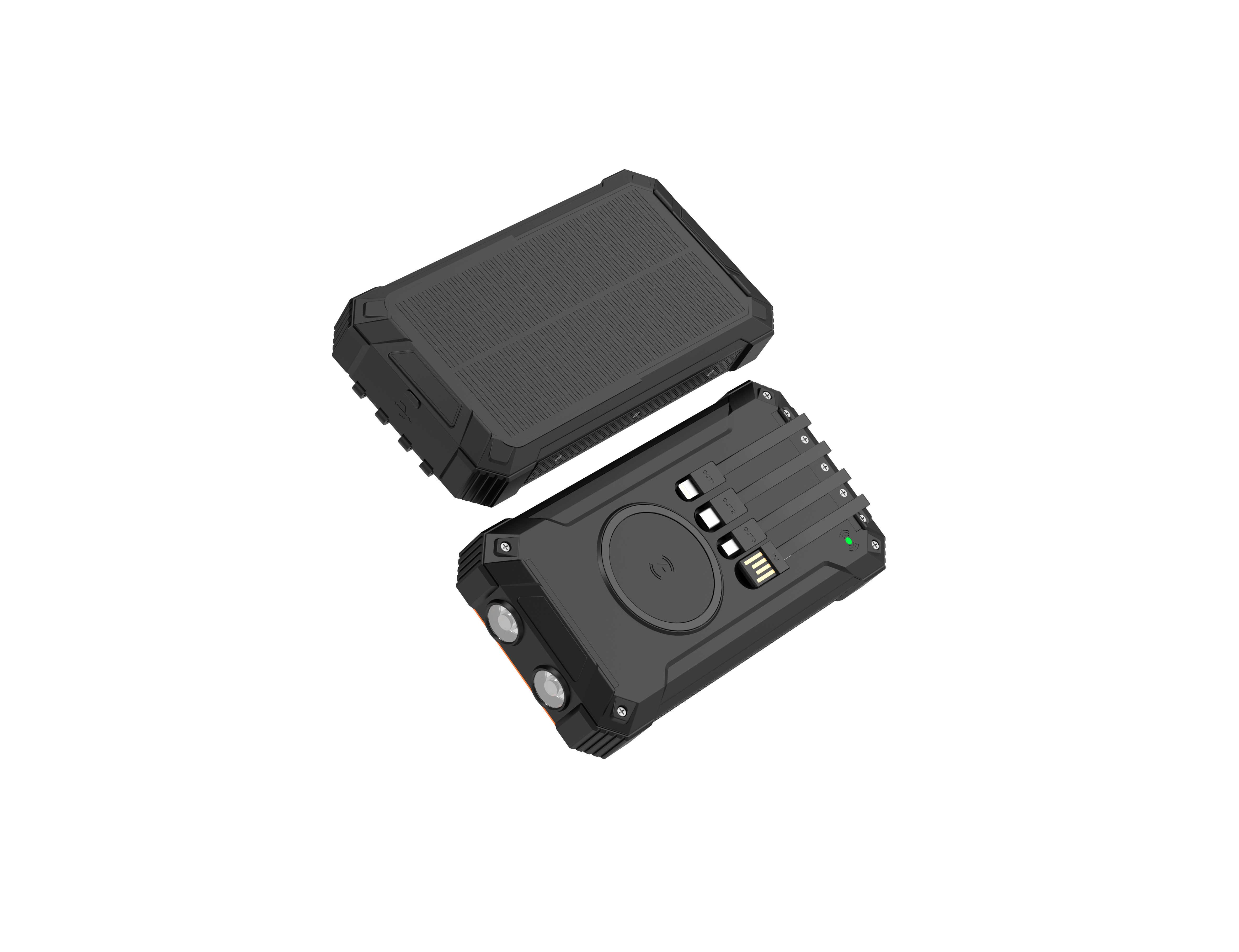 Schwarze Solar-Powerbank. Oberer Abschnitt mit Solarpanel. Unterer Abschnitt mit Ladeanschlüssen und Lichtern.