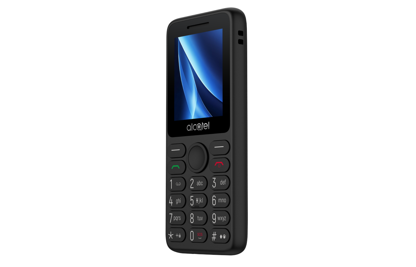Mavi soyut şekiller gösteren bir ekranı olan siyah bir Alcatel telefon. Sayılar ve fonksiyon tuşları içeren bir tuş takımı var.
