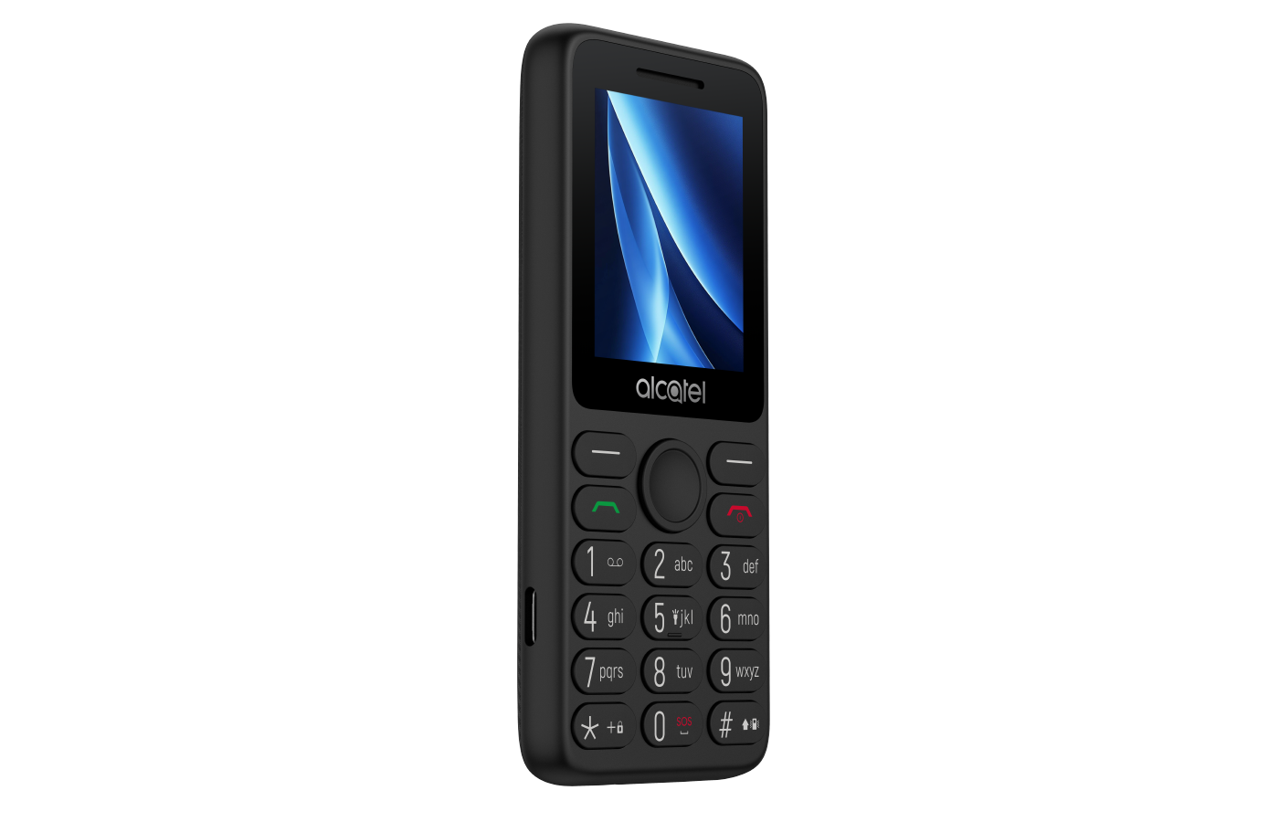 Siyah Alcatel telefon. Ekran mavi ve beyaz soyut bir görüntü gösteriyor. Tuş takımında 1-9 arası sayılar, semboller ve arama düğmeleri var.