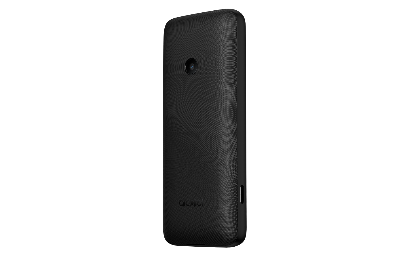 Siyah Alcatel telefon. Dokulu arka, kamera lensi ve şarj portu görünür. Alcatel logosu altta.
