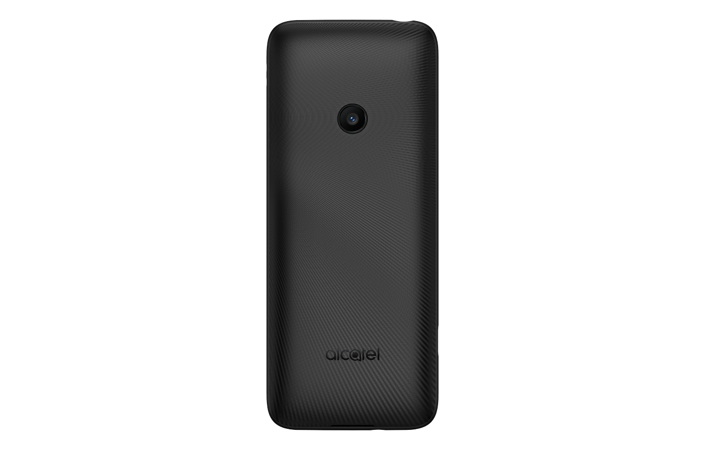 Siyah Alcatel telefon arkası. Kamera merceği, dokulu yüzey ve marka adı bulunur. Arka plan beyazdır.