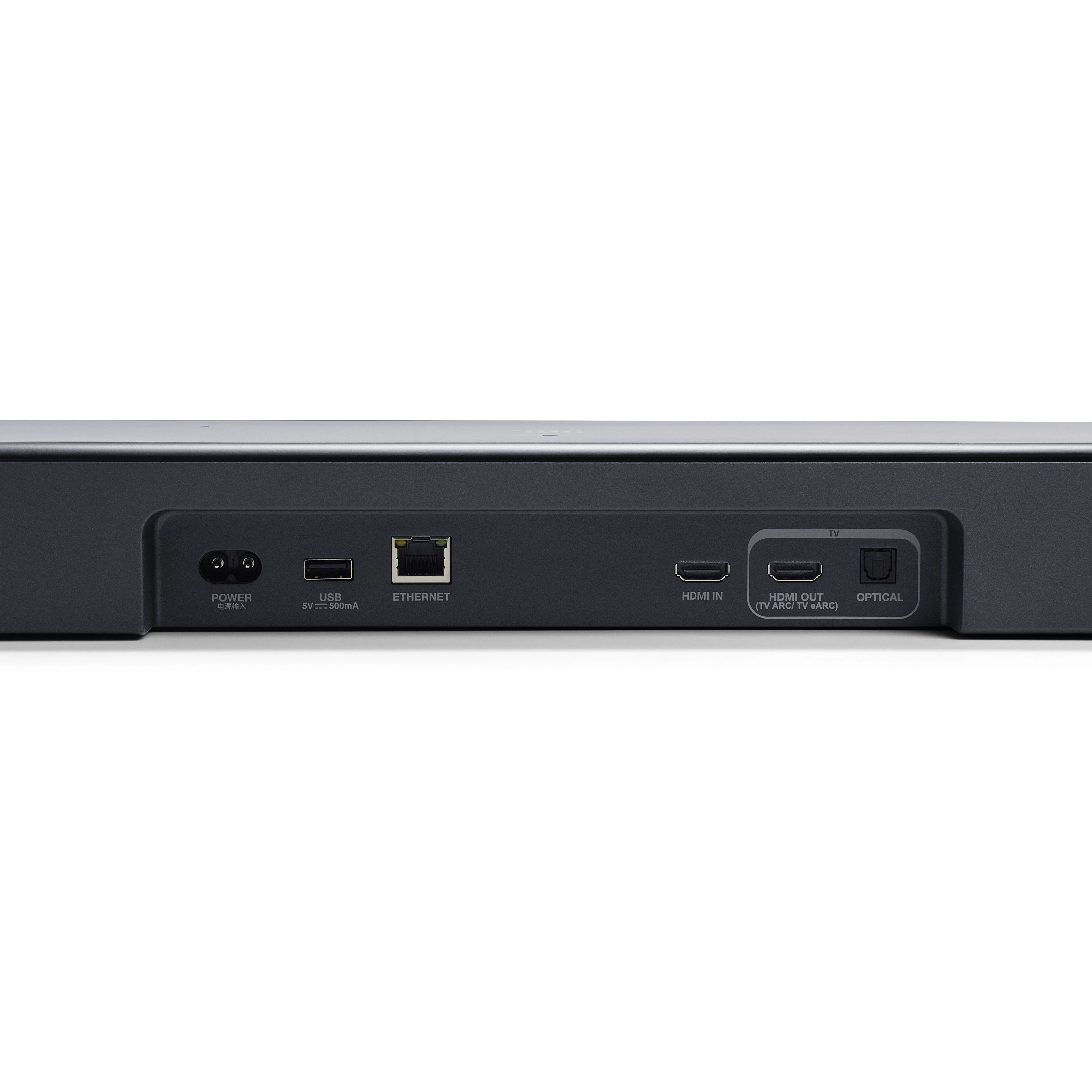 Beyaz zemin üzerinde güç, USB, Ethernet, HDMI ve optik portlara sahip koyu gri bir soundbar'ın arka paneli.
