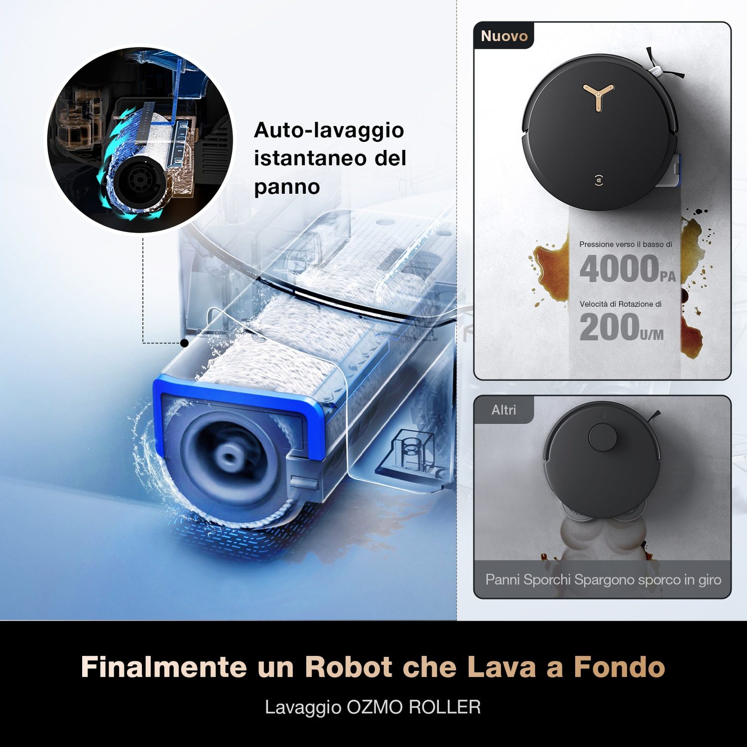 Una pubblicità per un robot aspirapolvere. Mostra il lavaggio istantaneo del panno, l'aspirazione 4000PA e la velocità di rotazione 200U/M.