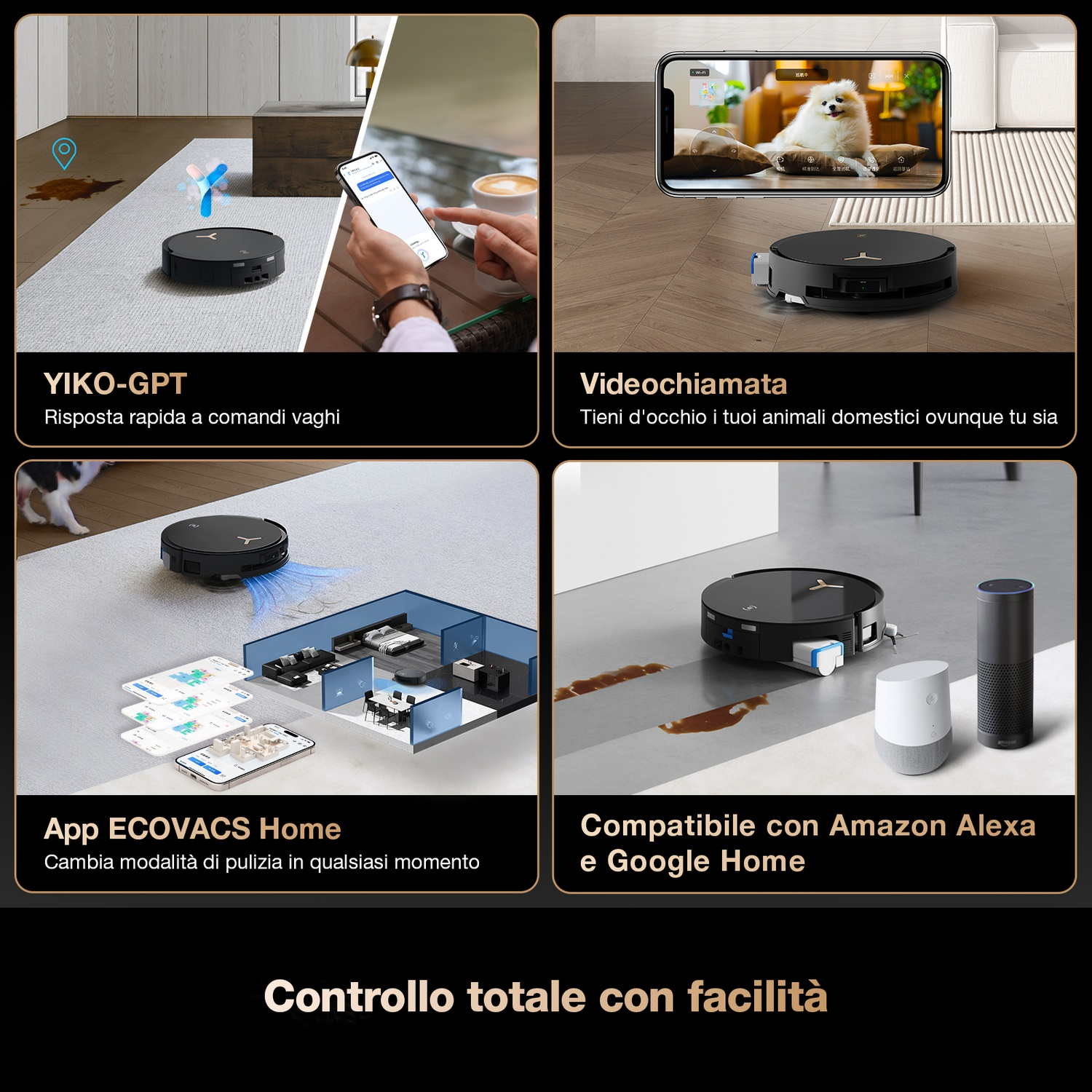 L'immagine mostra un robot aspirapolvere. Illustra funzionalità come controllo remoto, videochiamate, controllo tramite app e compatibilità con Alexa e Google Home.