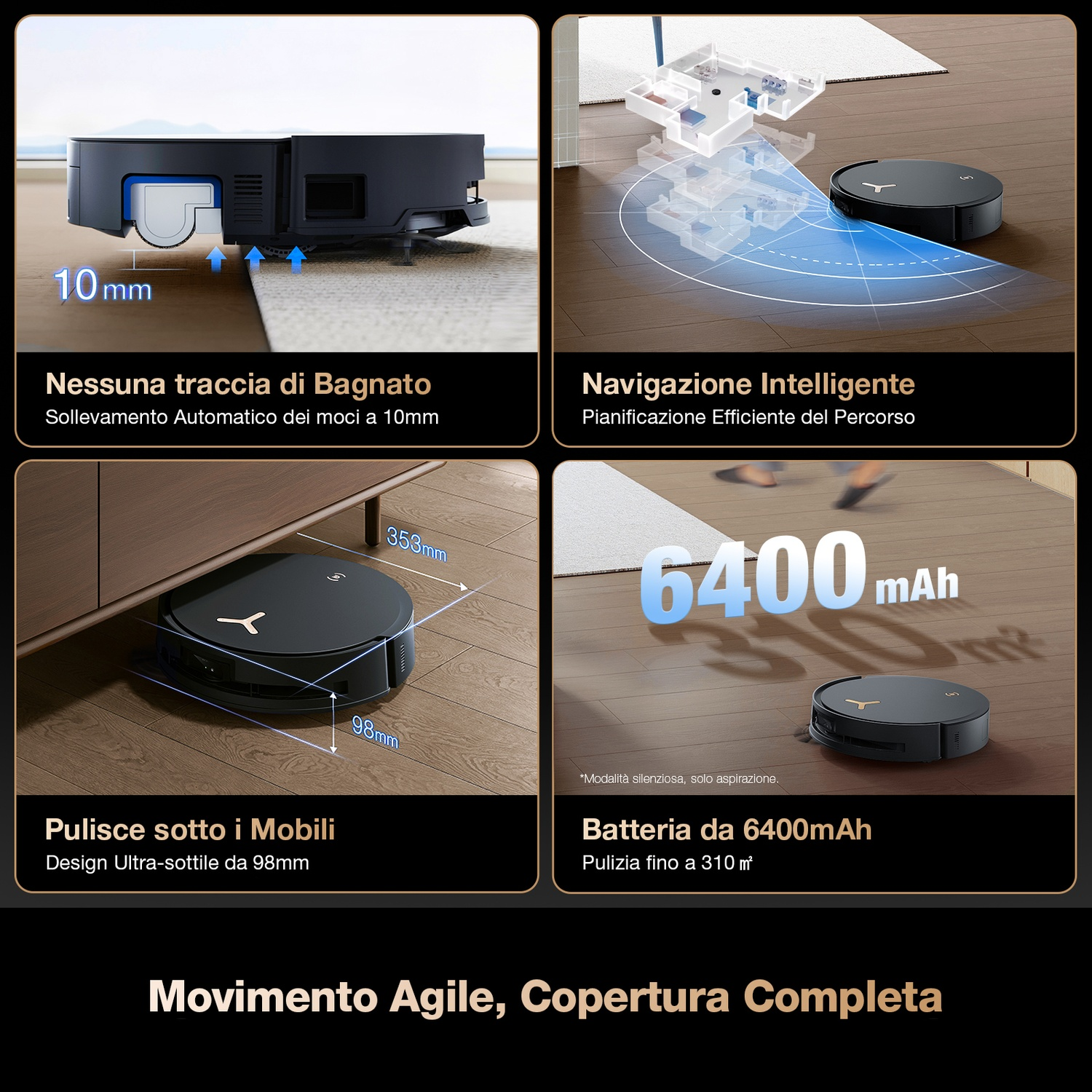Immagine promozionale di un robot aspirapolvere con navigazione intelligente, design sottile e batteria potente.