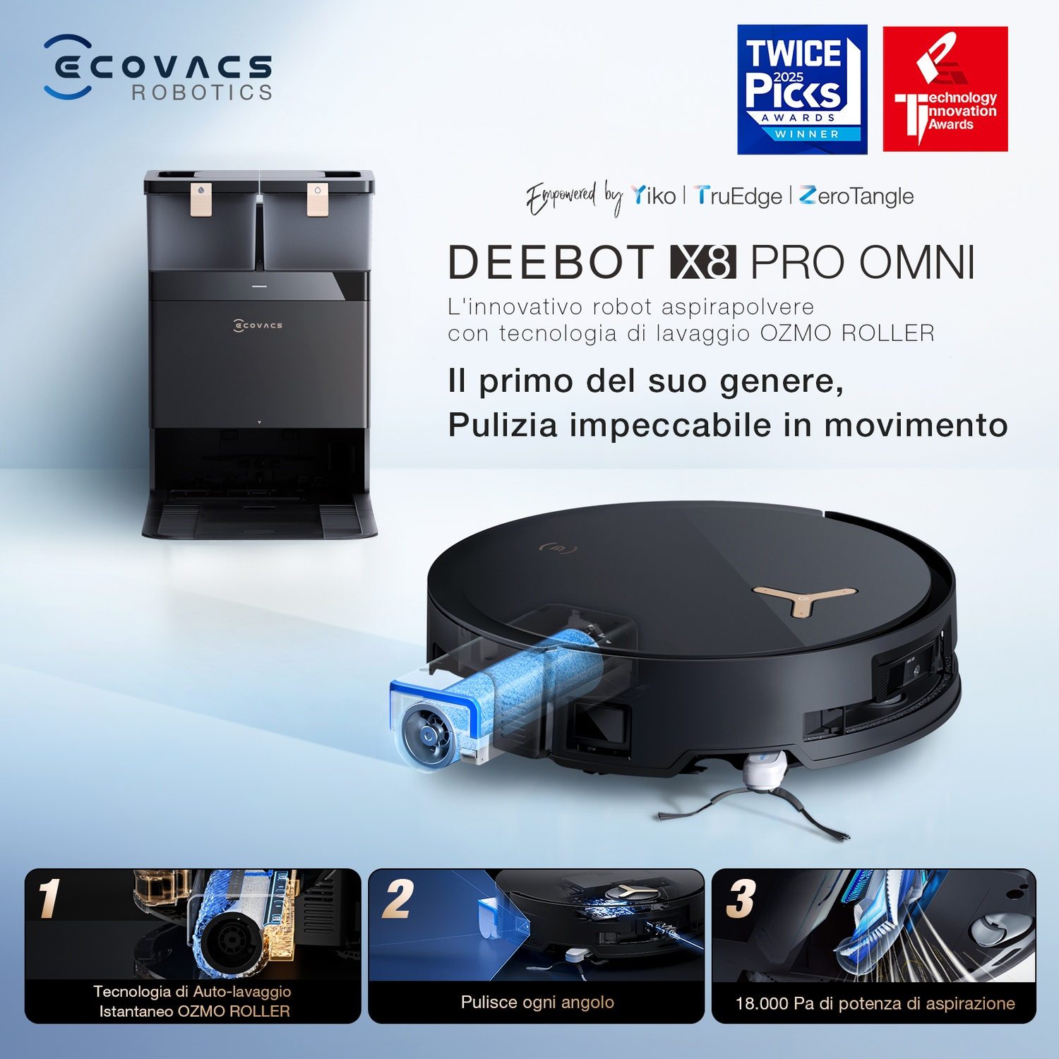 Un aspirapolvere Ecovacs Deebot X8 Pro Omni. È nero e rotondo con una stazione di pulizia. Sono esposti anche premi e funzionalità.