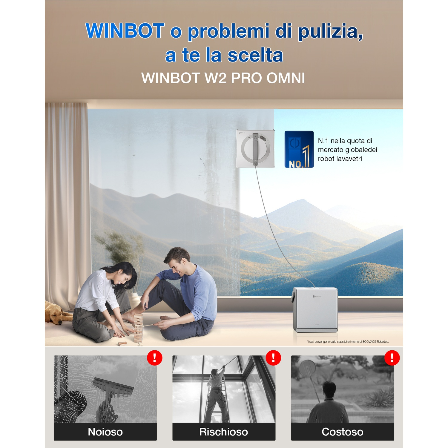 Una coppia gioca a Jenga vicino a una finestra, cane sul pavimento. Un robot per la pulizia dei vetri è sulla finestra. Testo: WINBOT.