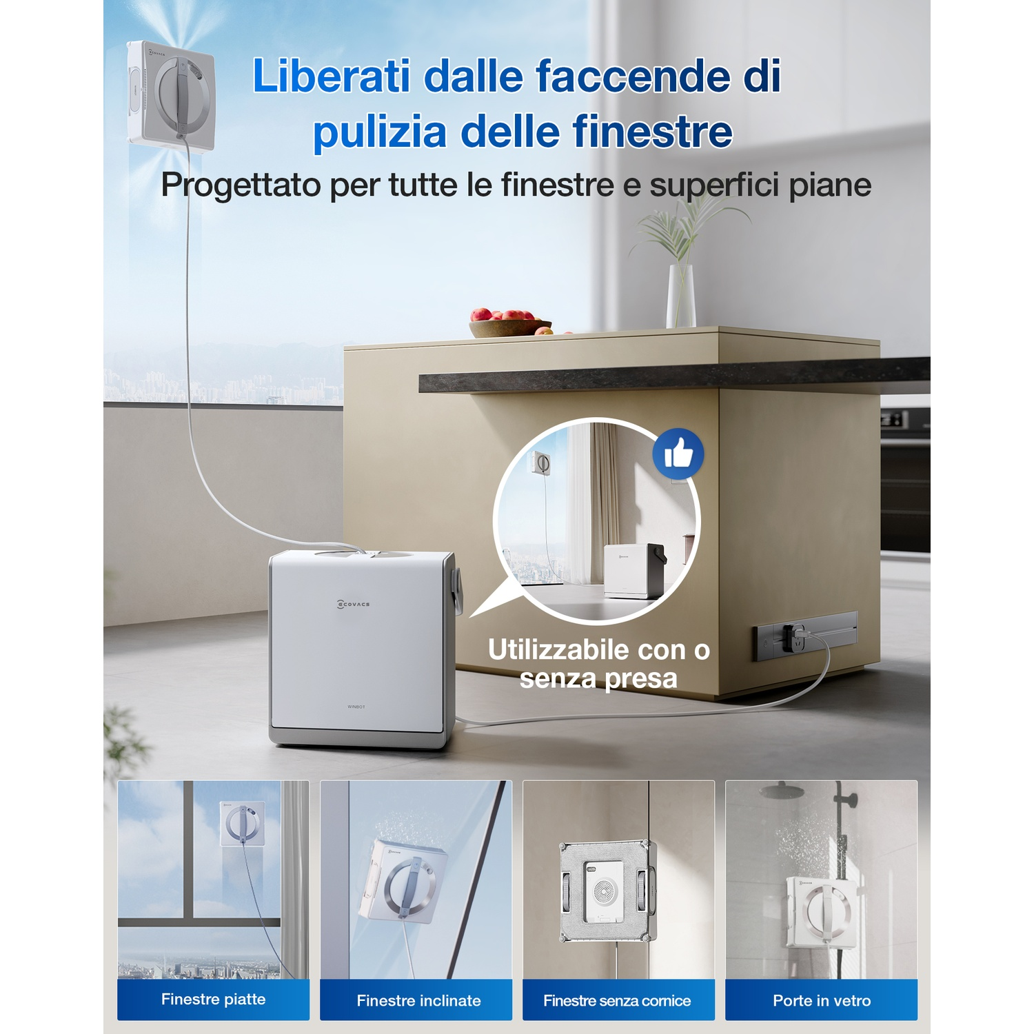 Un robot per la pulizia dei vetri è mostrato mentre pulisce le finestre. Il dispositivo è bianco. Il testo dice 'Pulisci le finestre con facilità'. Vengono mostrati vari tipi di finestre.