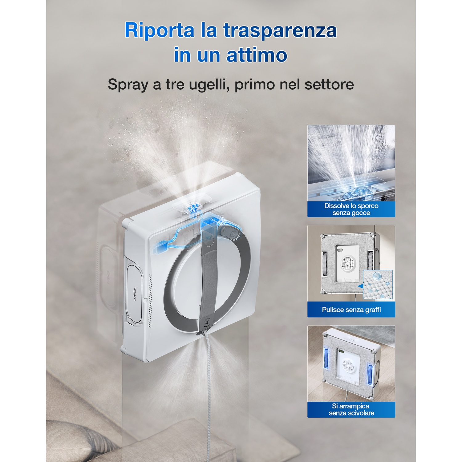 Un robot lavavetri bianco spruzza acqua. Il testo sopra dice: 'Ripristina la trasparenza in un istante'. I grafici mostrano le azioni di pulizia.