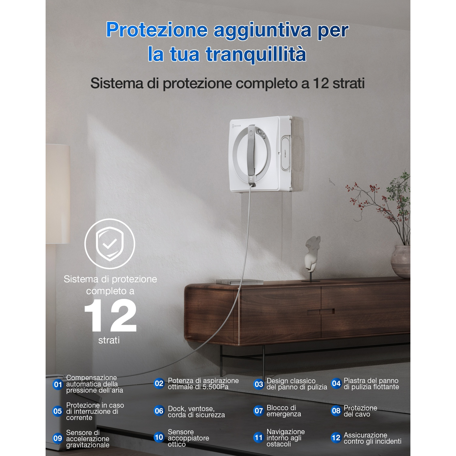 Un pulitore per vetri bianco è attaccato a un muro, con testo su un sistema di protezione a 12 strati. Un mobile in legno e una pianta sono sullo sfondo.