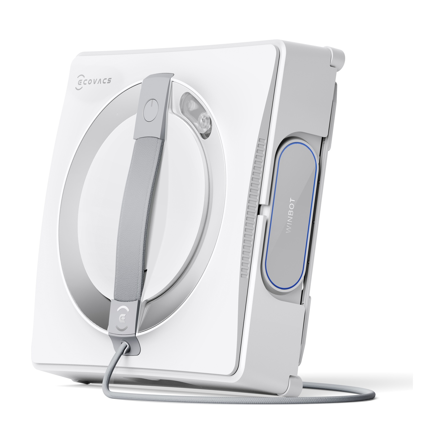 Pulitore per vetri Ecovacs Winbot bianco e grigio. Ha una maniglia, un pulsante di accensione e un'etichetta Winbot. Il pulitore è su un supporto.