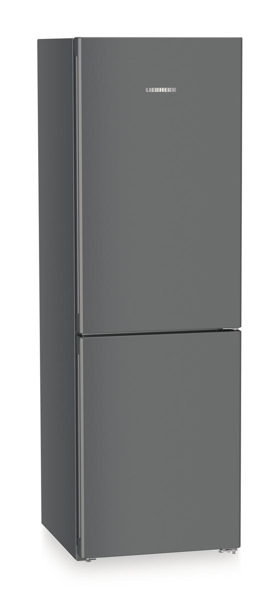 Ein grauer Liebherr-Kühlschrank. Er hat zwei Türen, die obere ist größer. Der Markenname steht oben.