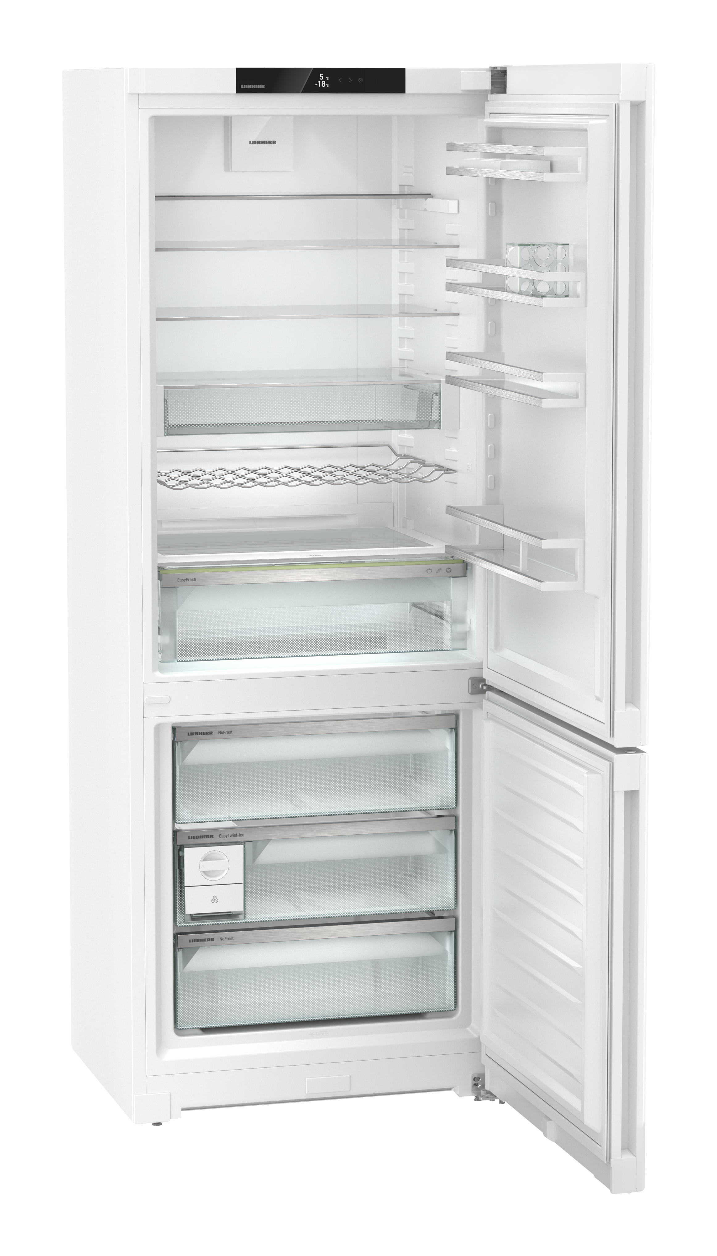 Ein weißer Kühlschrank mit offenen Türen. Regale und Schubladen sind innen sichtbar. Das Gefrierfach ist unten.