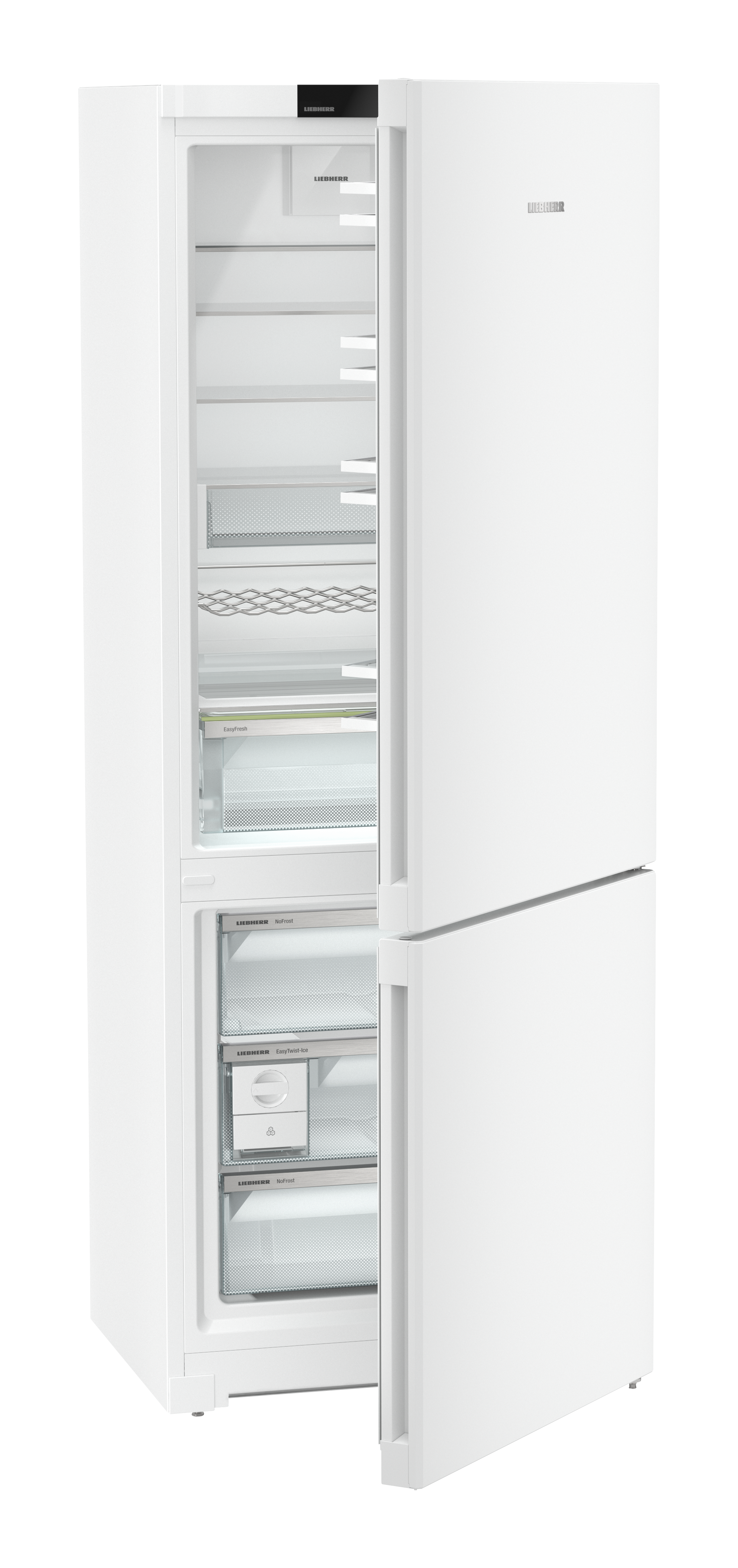 Ein weißer Liebherr-Kühlschrank mit geöffneten Türen, die Regale und Schubladen freigeben. Logos sind sichtbar. Der Hintergrund ist schwarz.