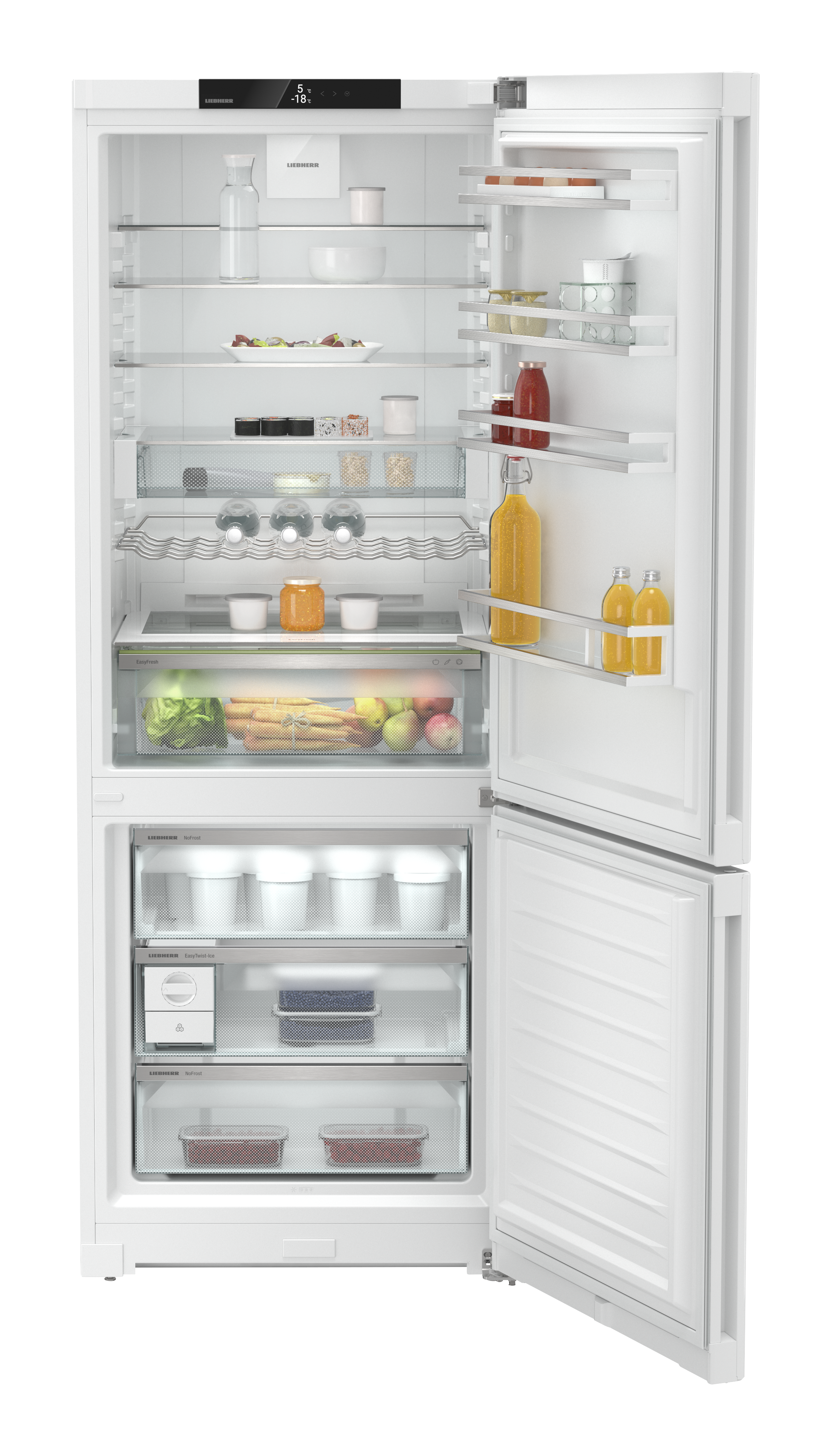 Ein weißer Kühlschrank mit offenen Türen, der Regale mit Lebensmitteln wie Obst, Gemüse, Gläsern und Flaschen zeigt, alles ordentlich angeordnet.