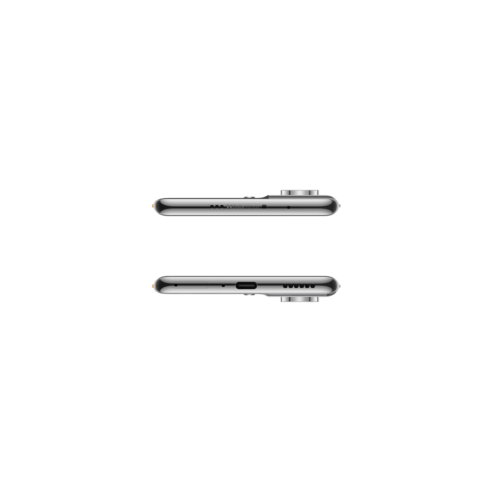 Gümüş bir akıllı telefonun üst ve alt görünümleri. Üst kısımda hoparlör delikleri ve metin bulunur. Alt kısımda USB-C bağlantı noktası ve hoparlör bulunur.
