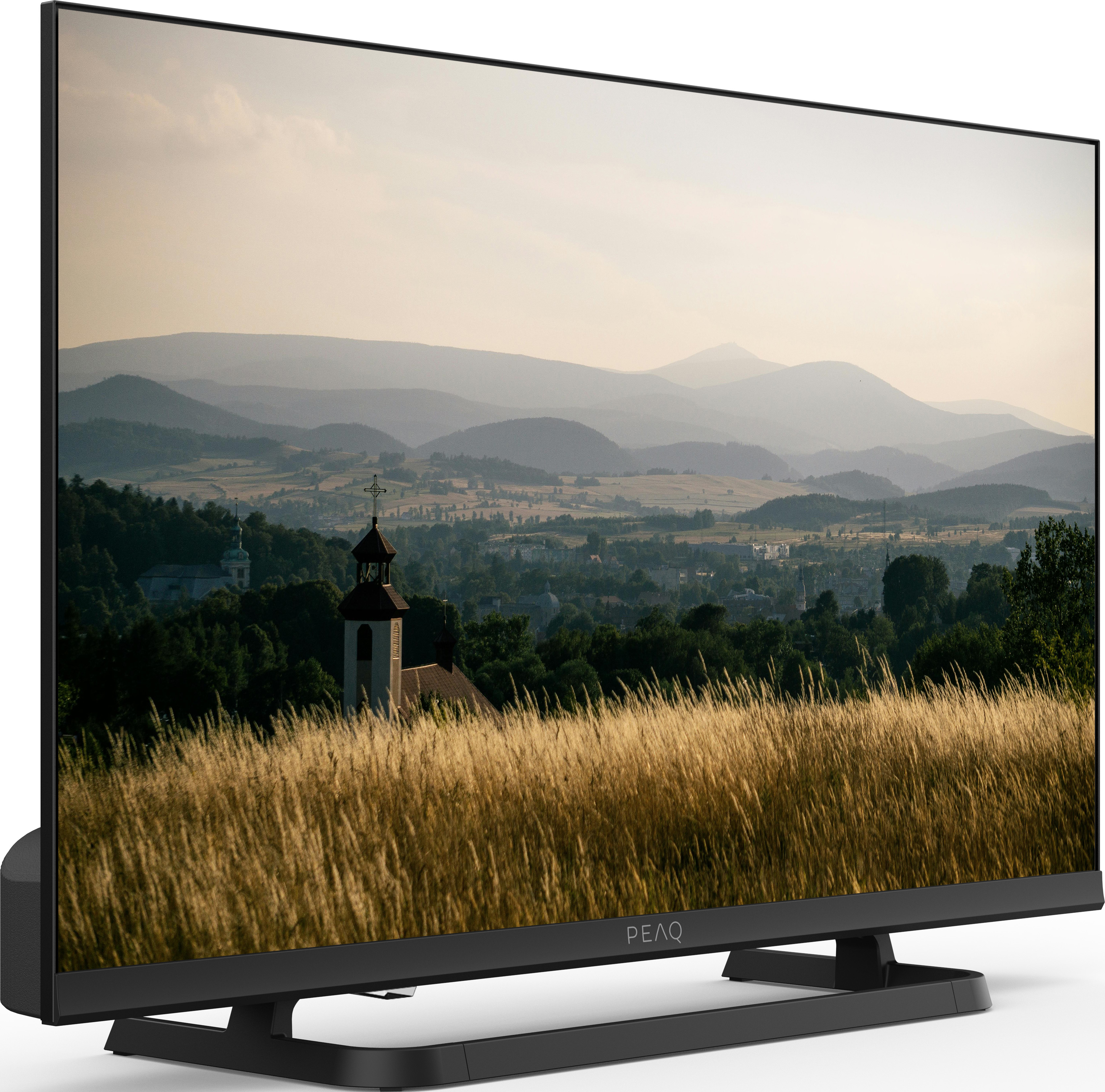 Ein Fernseher zeigt eine Landschaft mit Bergen, einer Stadt und hohem Gras im Vordergrund. Der Fernseher ist schwarz.