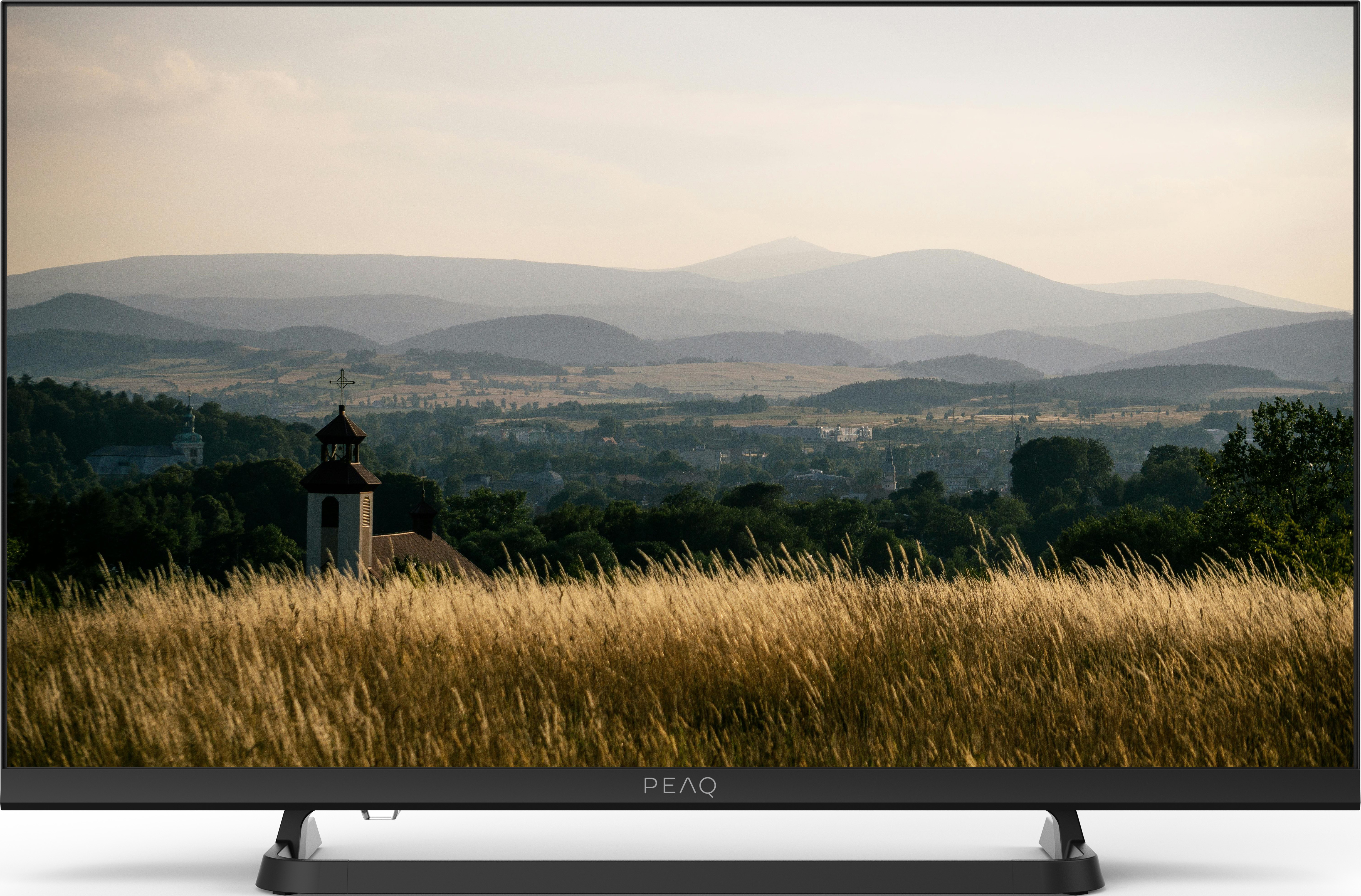 Der Fernseher zeigt eine Landschaft: Felder, Berge, ein Dorf und eine Kirche. Der Himmel ist bedeckt. Der Fernseher steht auf einem Ständer.