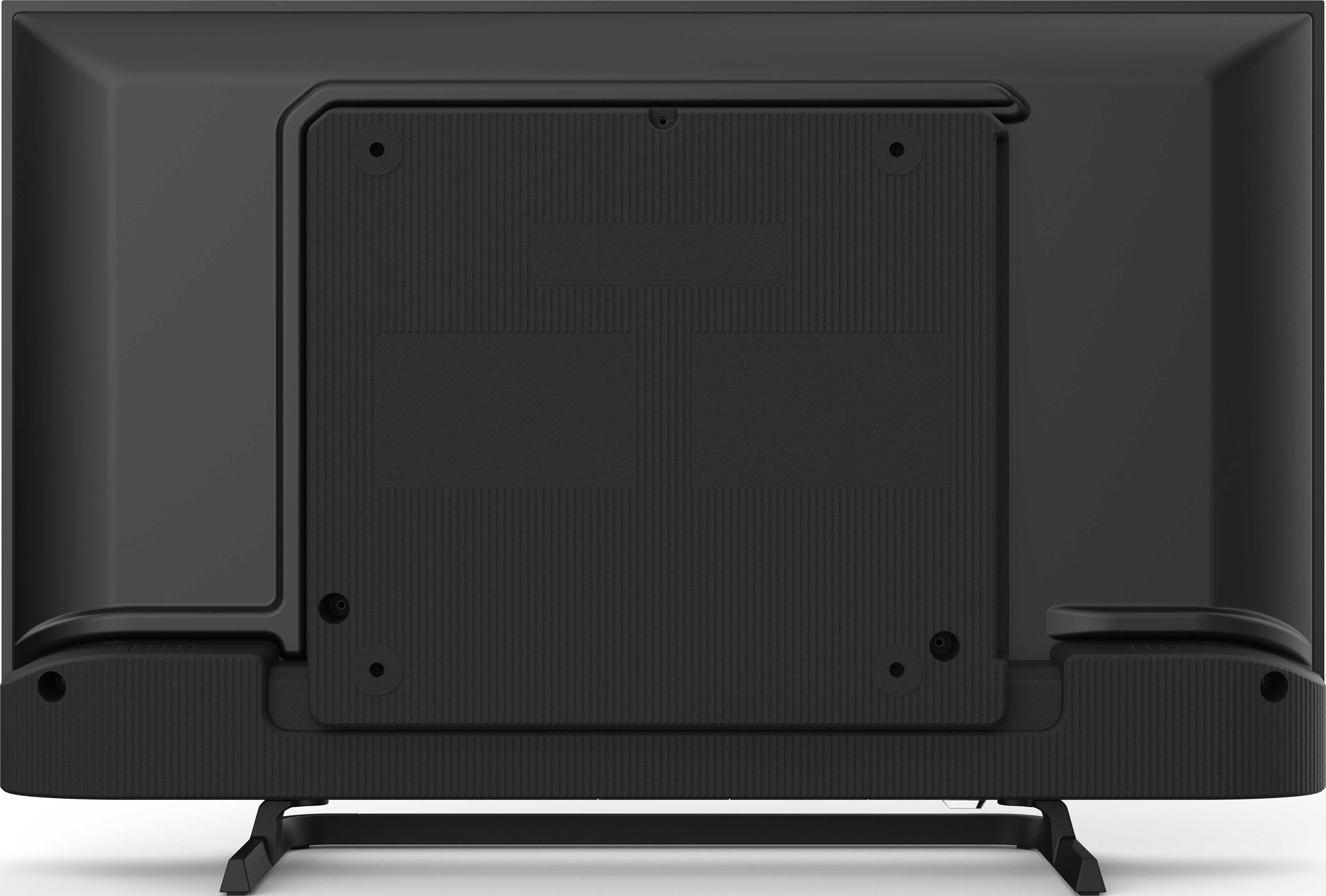 Rückansicht eines schwarzen Fernsehers. Es hat eine strukturierte Rückwand und einen Ständer. Der Fernseher steht auf einer weißen Oberfläche.