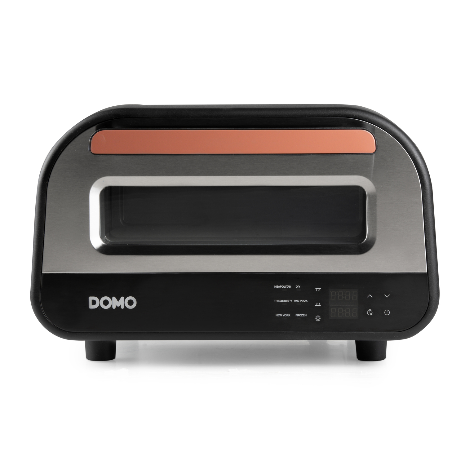 A black and silver pizza oven, the DOMO, on a white background. It has a digital display and control buttons.