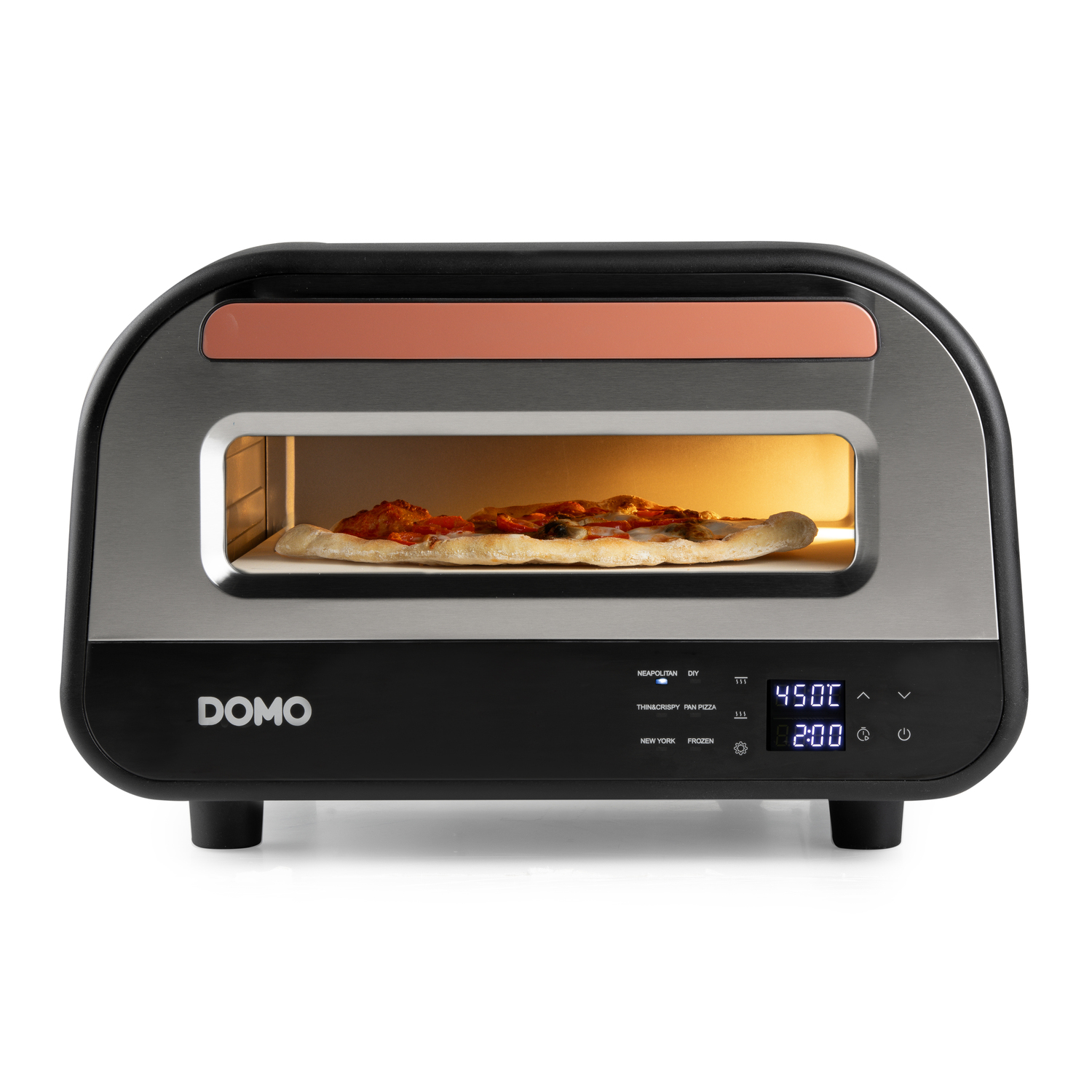 A pizza oven with a pizza inside. The oven is black and silver with a digital display. The pizza is on a tray.
