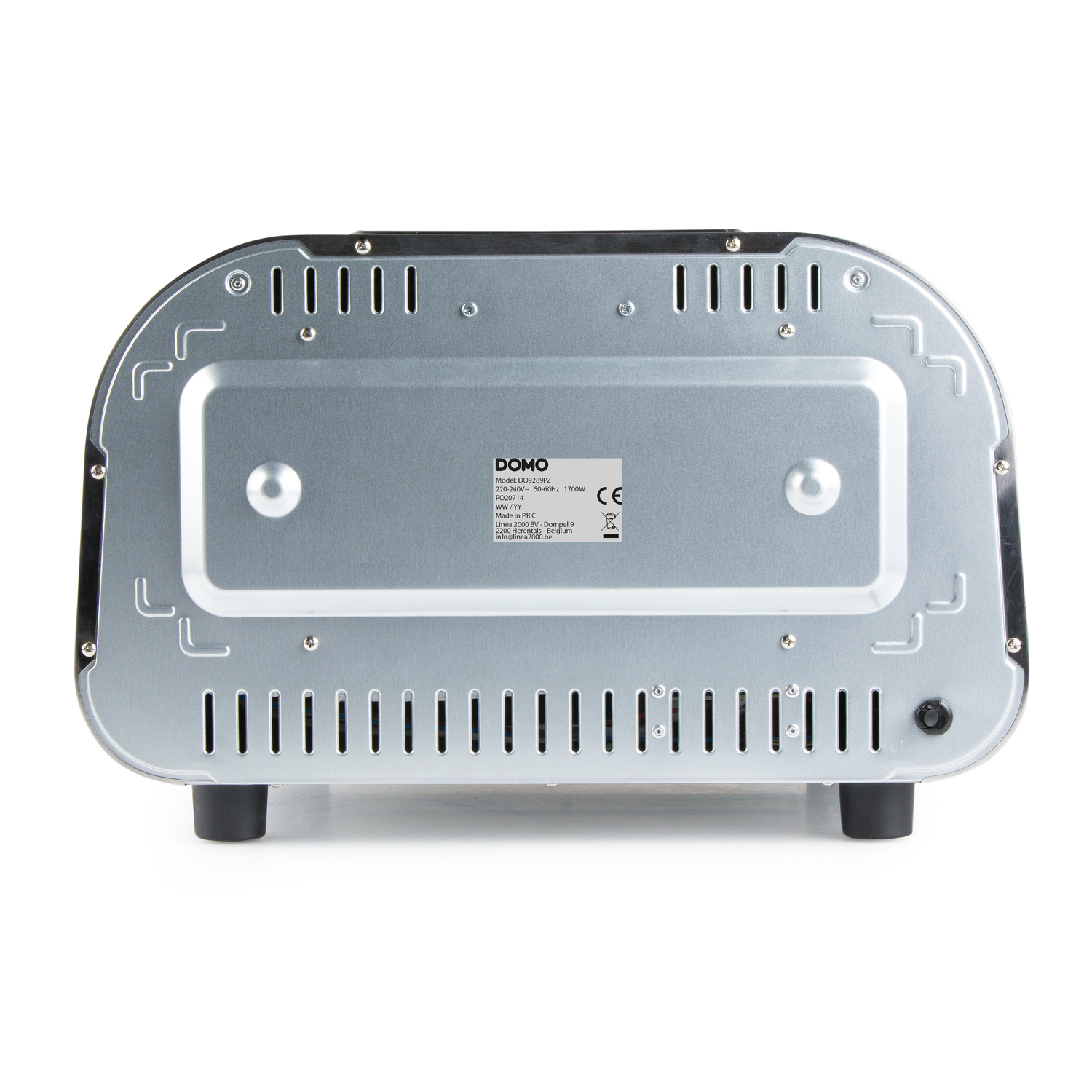The bottom of a silver toaster with black accents, vents, and a label. It is on a white background.