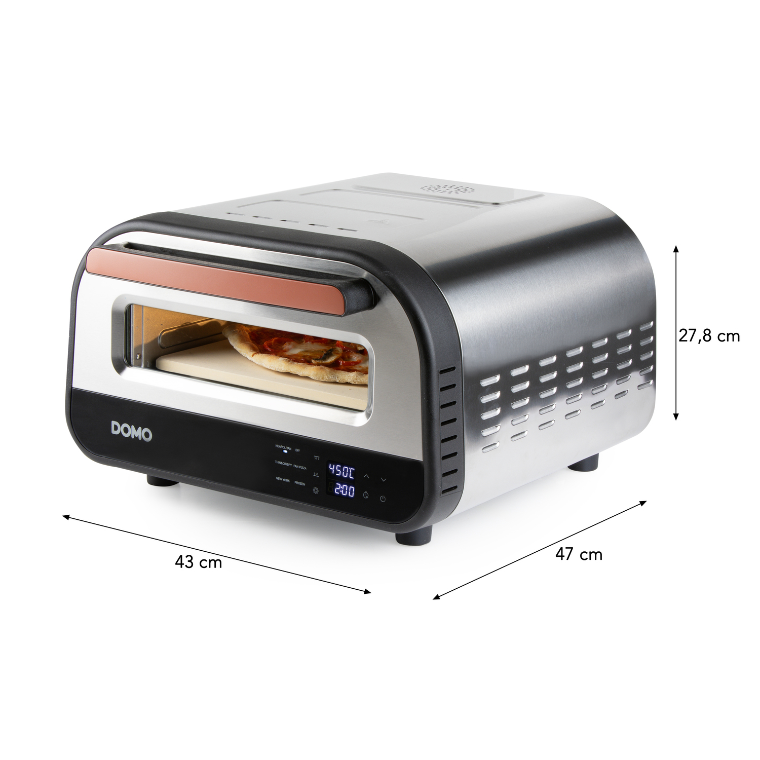 A stainless steel pizza oven with a pizza inside. It has a digital display and dimensions indicated: 43x47x27.8 cm. The brand name DOMO is visible.