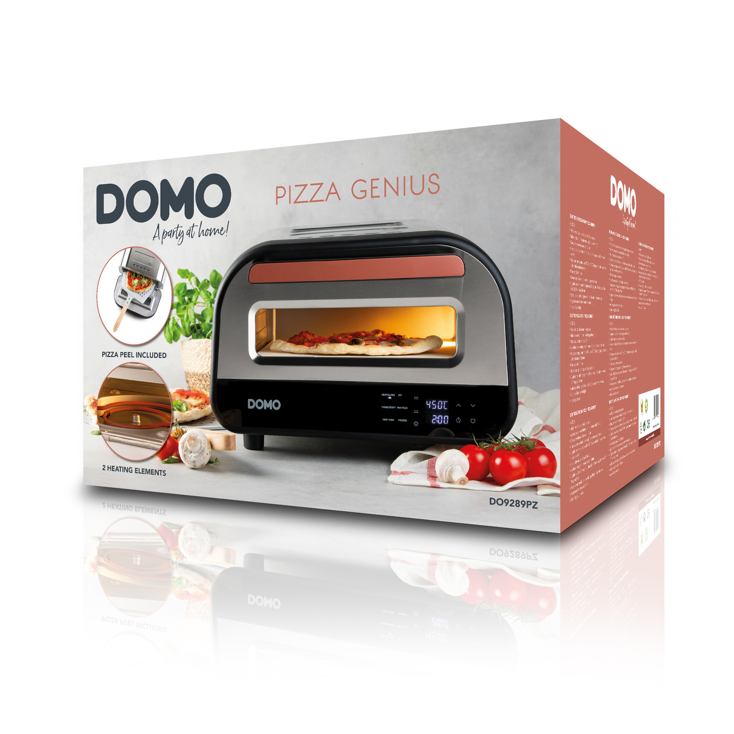 A Domo pizza oven box. It displays the oven, pizza, and ingredients like tomatoes and mushrooms.