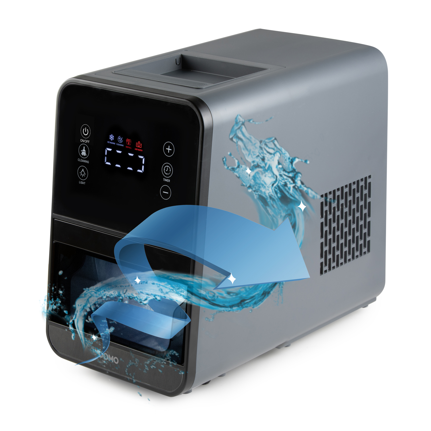 A gray and black ice maker with a digital display. A water splash and an arrow are superimposed. The device is on a white background.