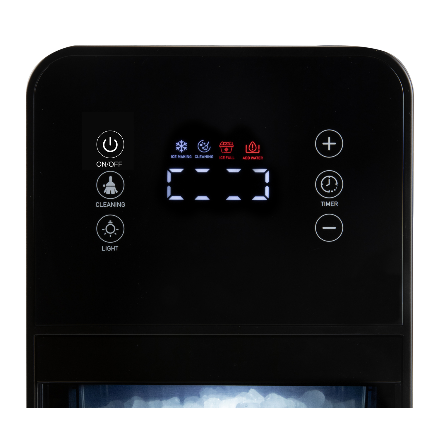Black ice maker control panel with buttons for on/off, cleaning, and light. It has a digital display and ice-related icons.