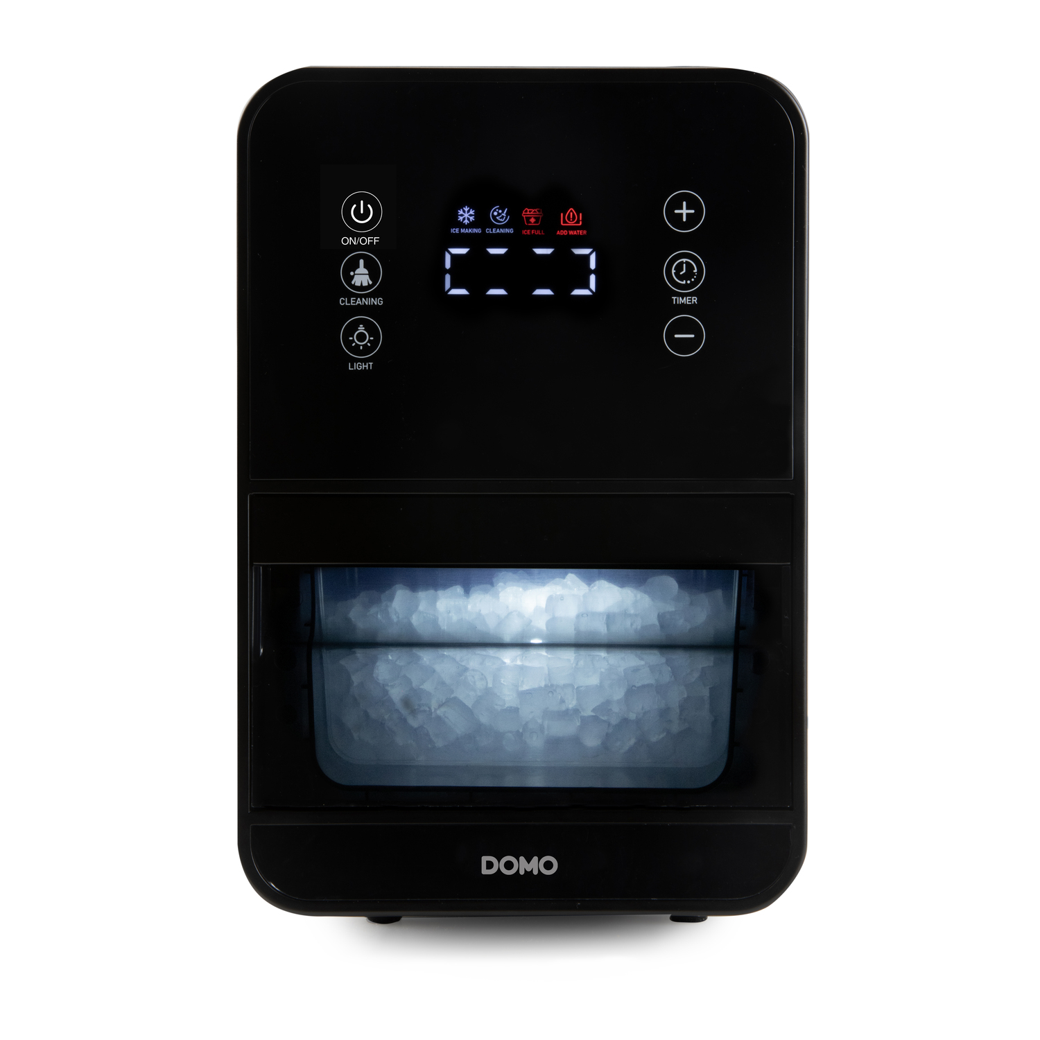 Black ice maker with digital display showing ice cubes inside. Buttons for on/off, cleaning, light, and timer are visible.