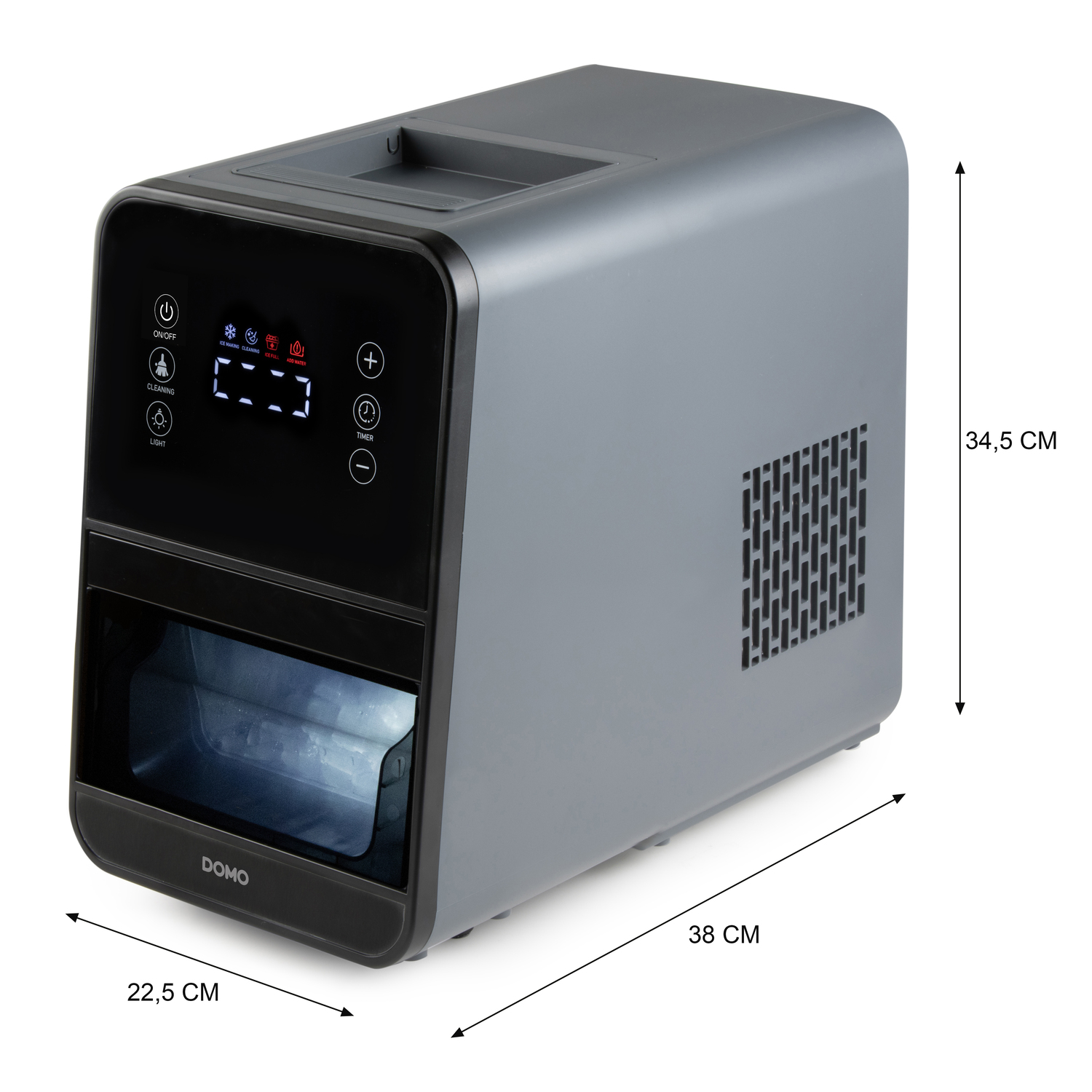 A gray ice maker with a black front panel. It has buttons, a display, and a window showing ice. Dimensions are also labeled.