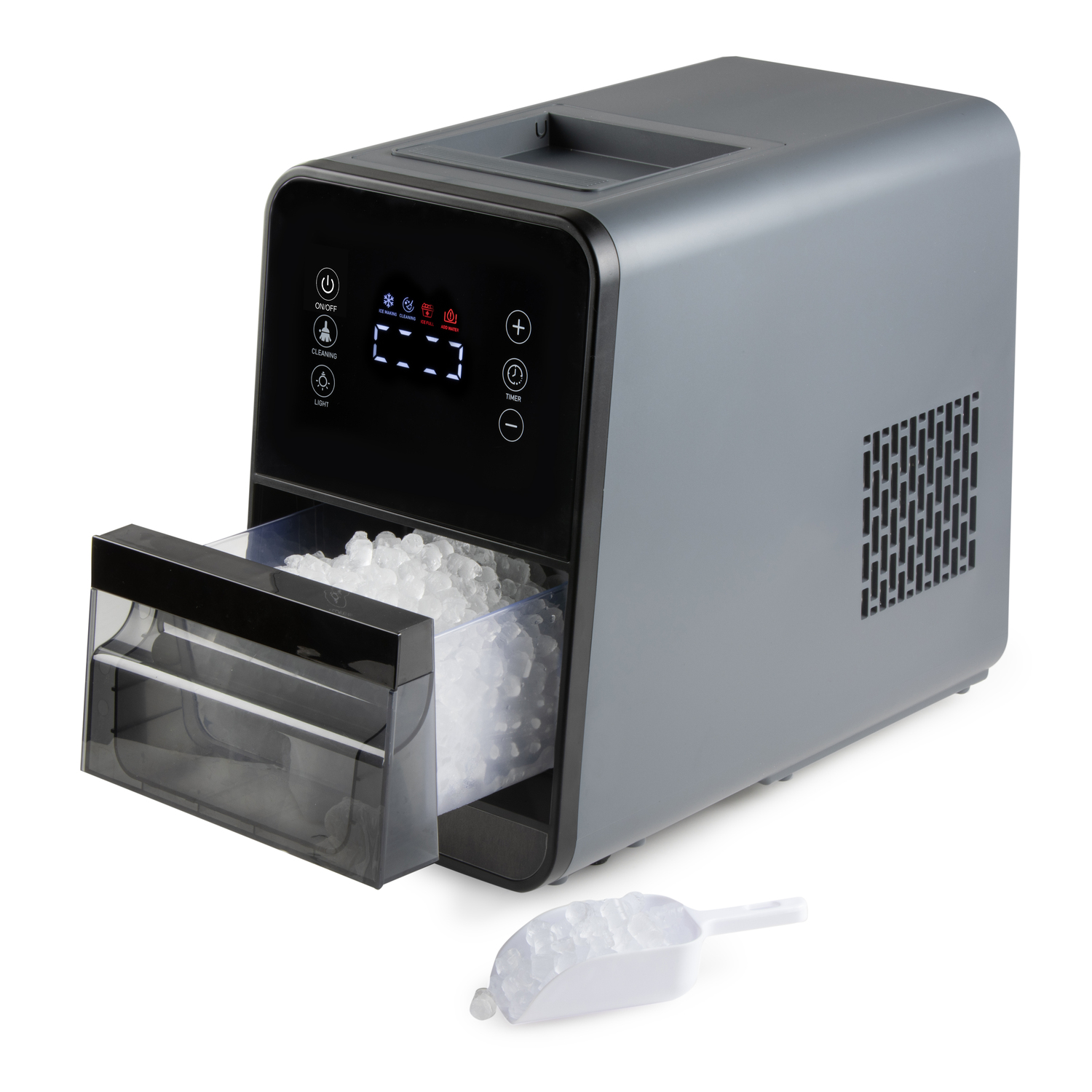 A gray ice maker with an open drawer filled with ice. A scoop and digital display are visible. White background.