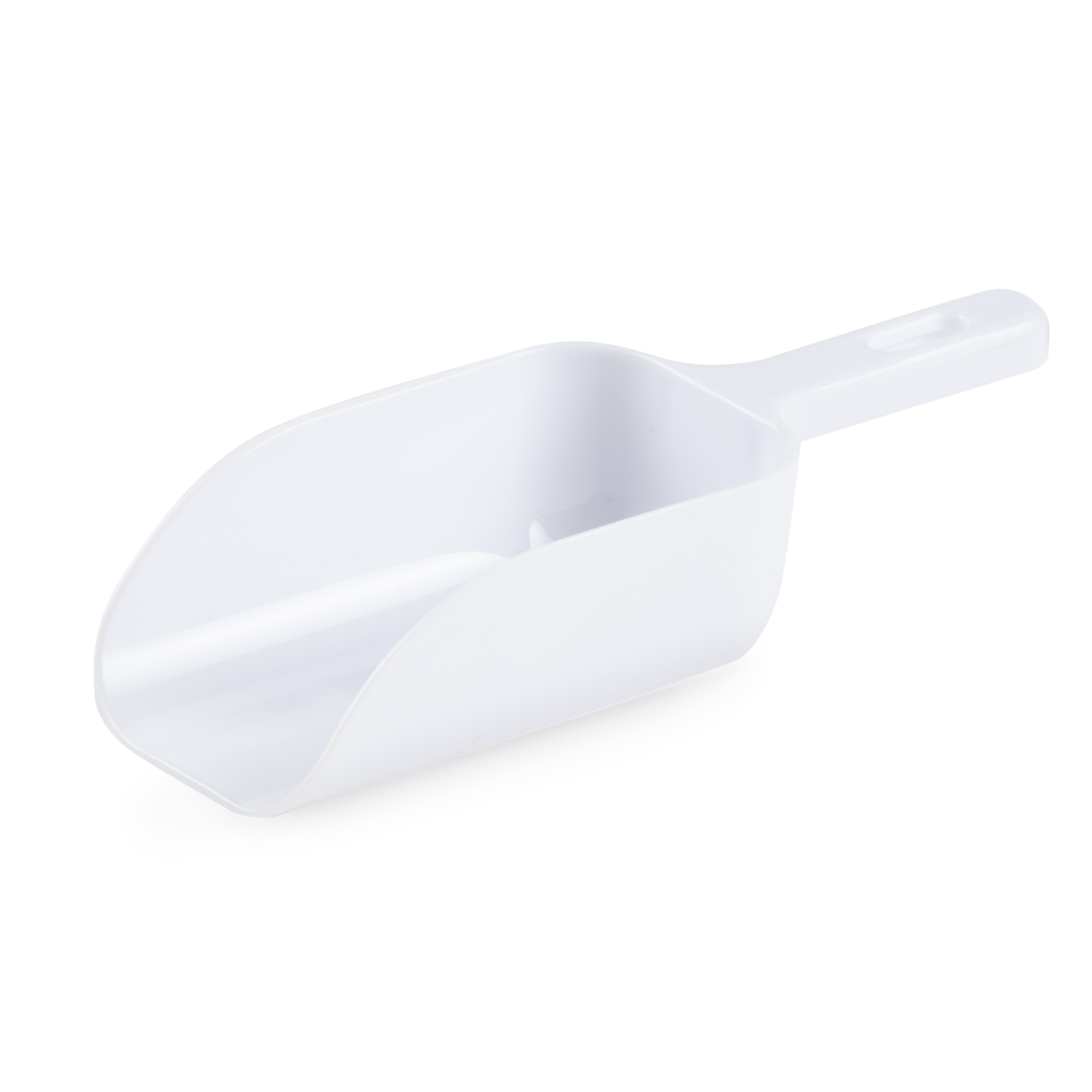 A white plastic scoop on a white background. The scoop has a handle and a curved scooping part.