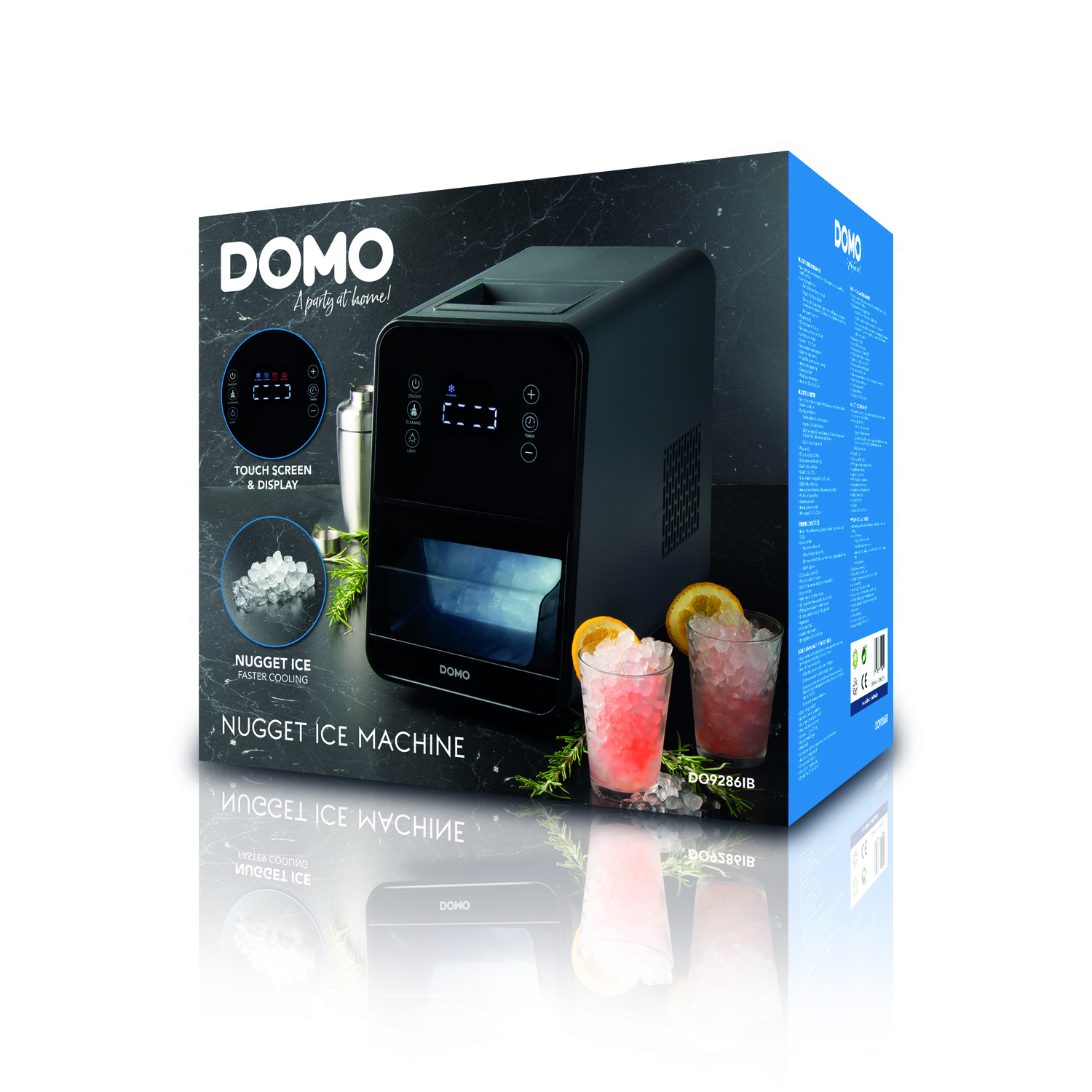 A black nugget ice machine with a display, cocktails, and a box with product information.